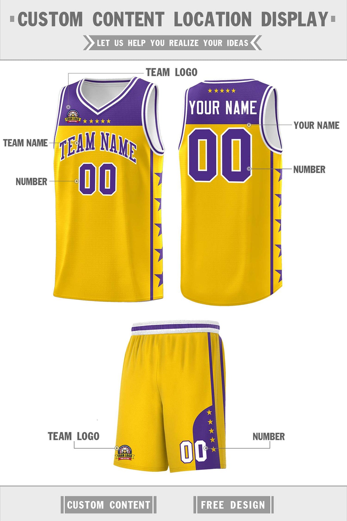 Custom Gold Purple Personalized Star Pattern Sports Uniform Basketball Jersey