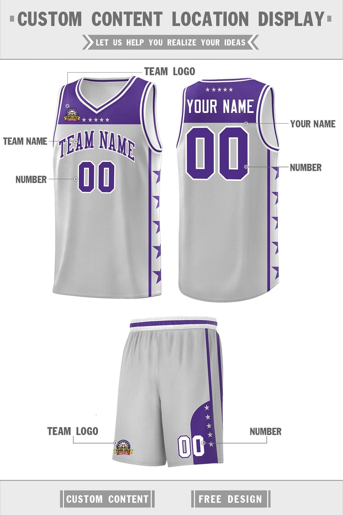 Custom Gray Purple Personalized Star Pattern Sports Uniform Basketball Jersey