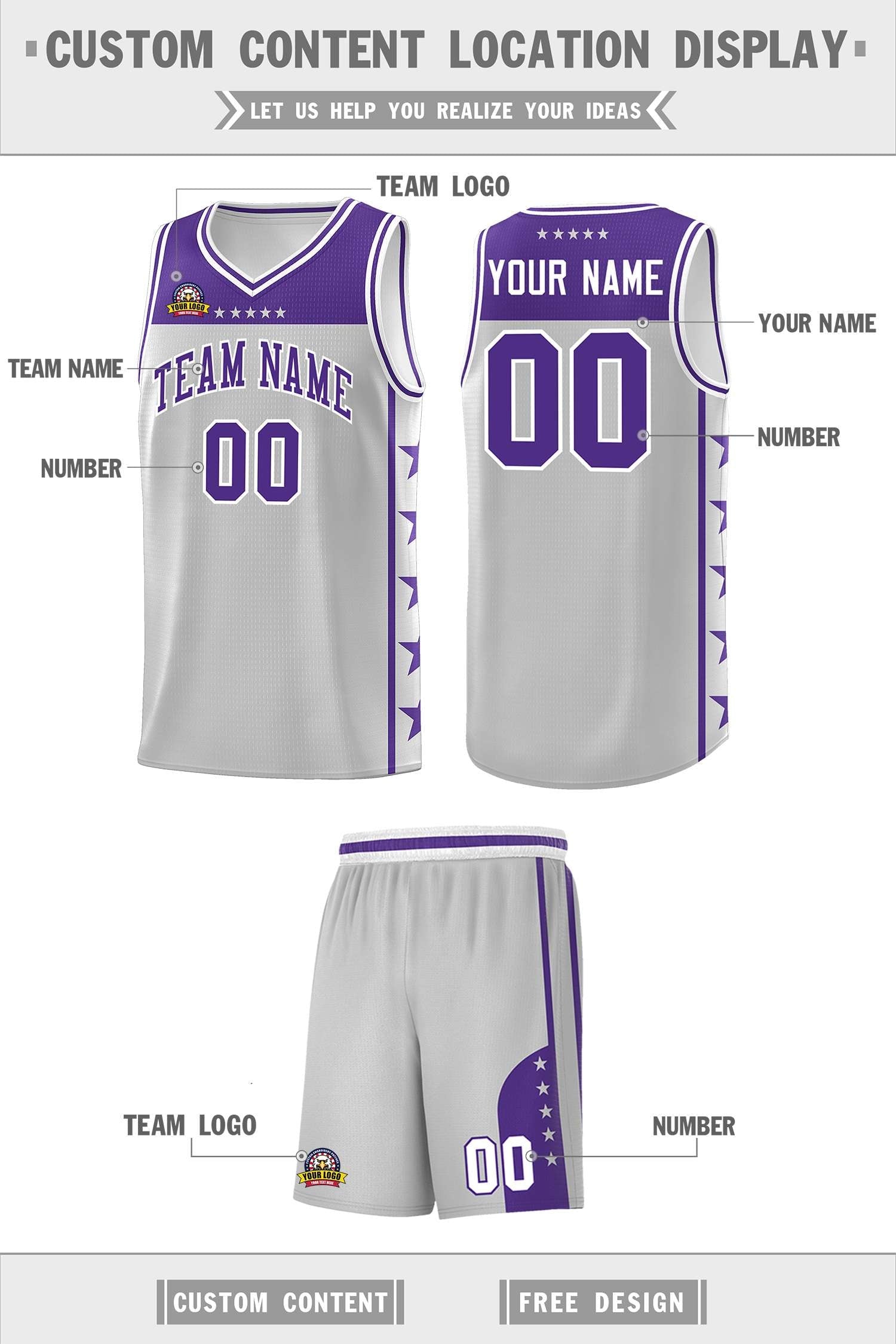 Custom Gray Purple Personalized Star Pattern Sports Uniform Basketball Jersey