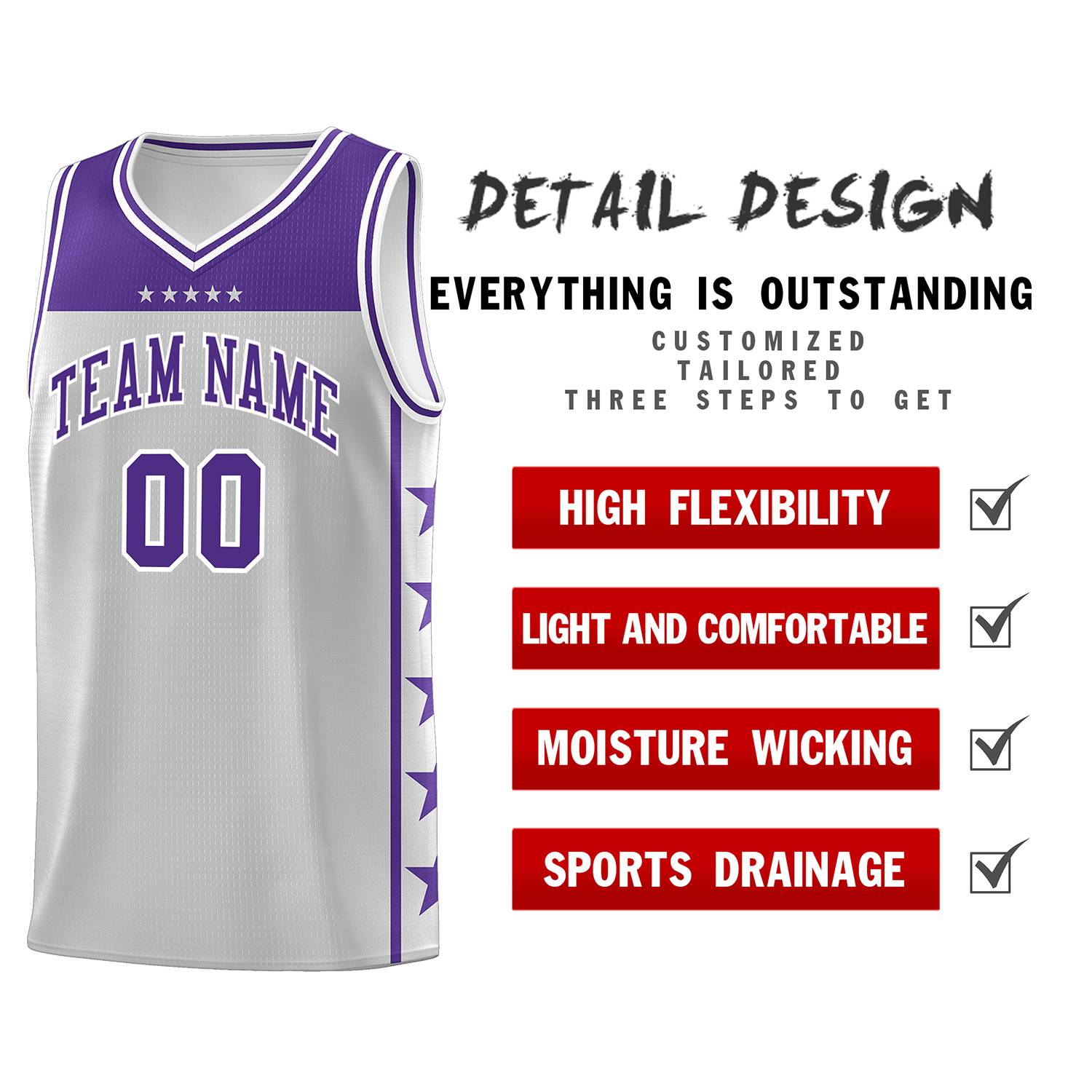 Custom Gray Purple Personalized Star Pattern Sports Uniform Basketball Jersey
