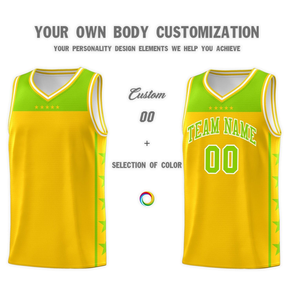 Custom Gold Neon Green Personalized Star Pattern Sports Uniform Basketball Jersey