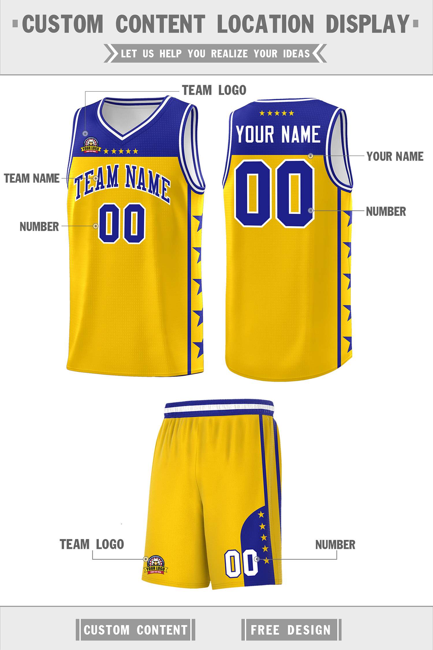 Custom Gold Royal Personalized Star Pattern Sports Uniform Basketball Jersey