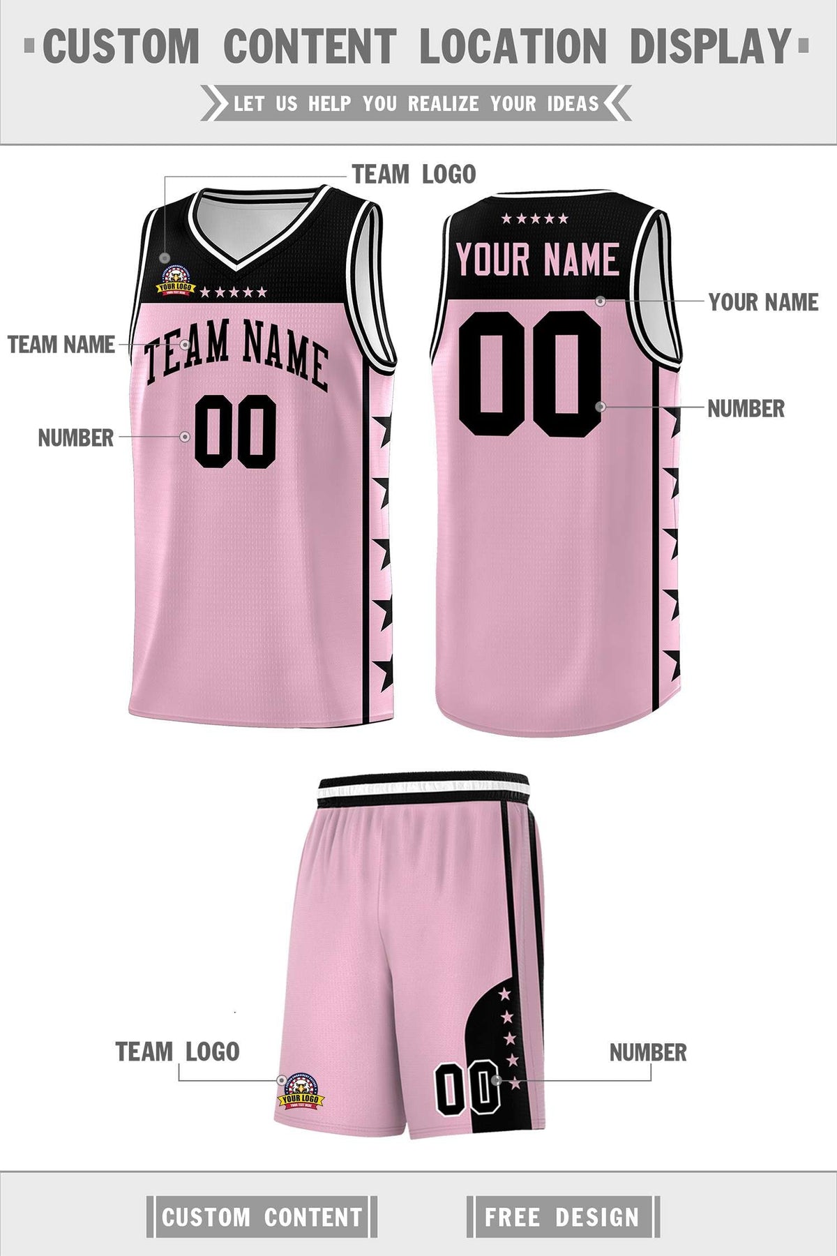 Custom Light Pink Black Personalized Star Pattern Sports Uniform Basketball Jersey