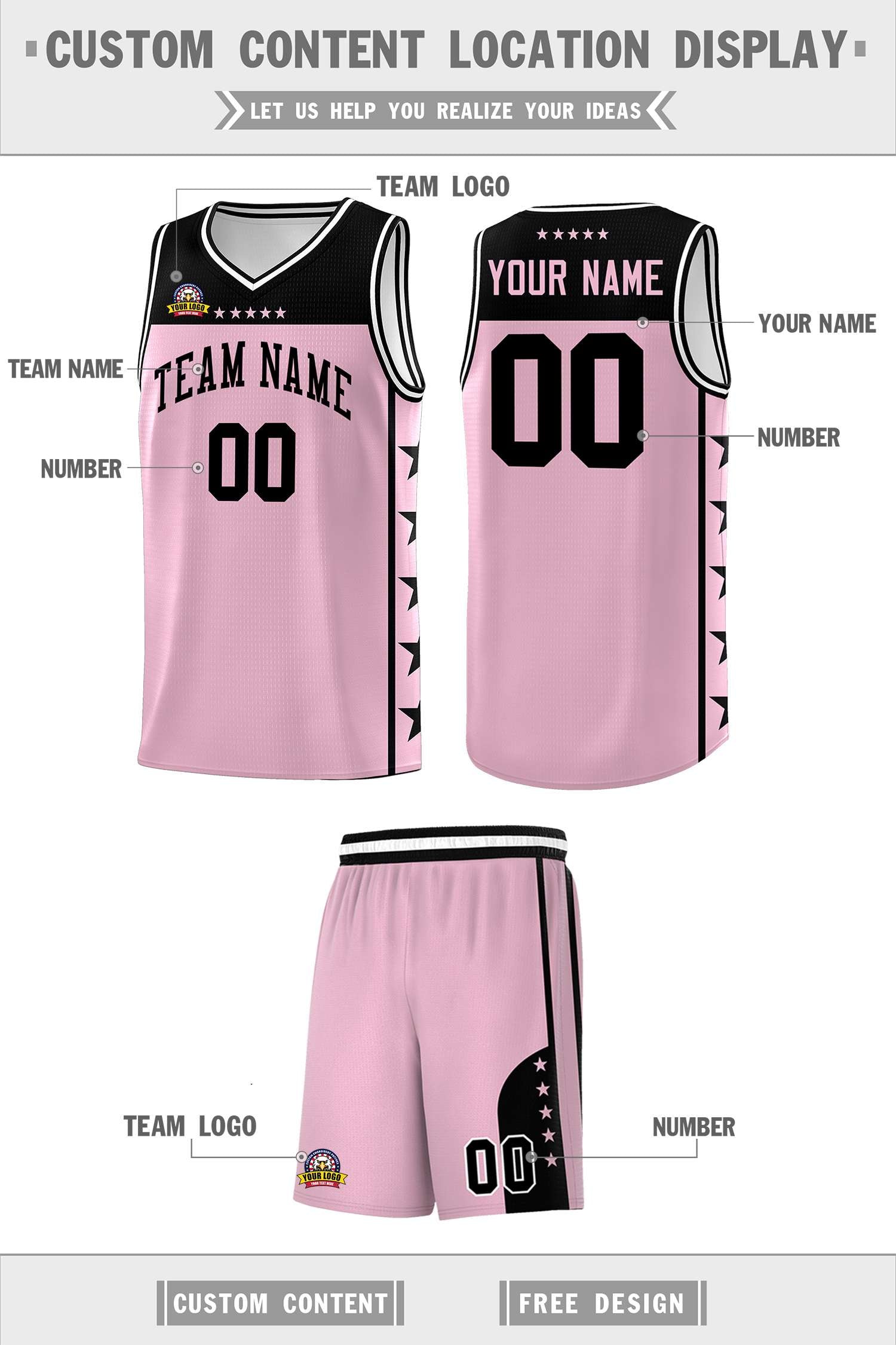 Custom Light Pink Black Personalized Star Pattern Sports Uniform Basketball Jersey