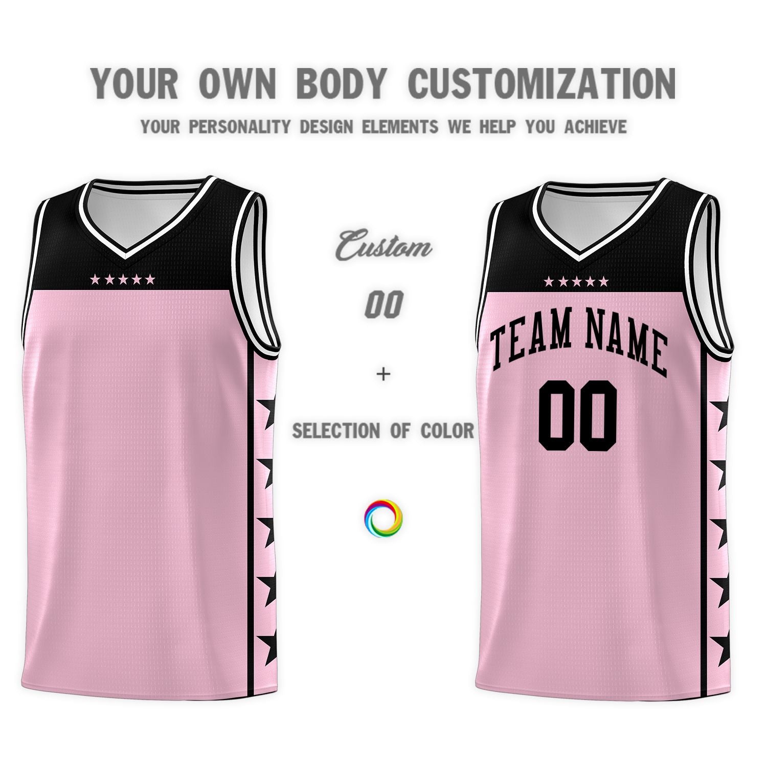 Custom Light Pink Black Personalized Star Pattern Sports Uniform Basketball Jersey