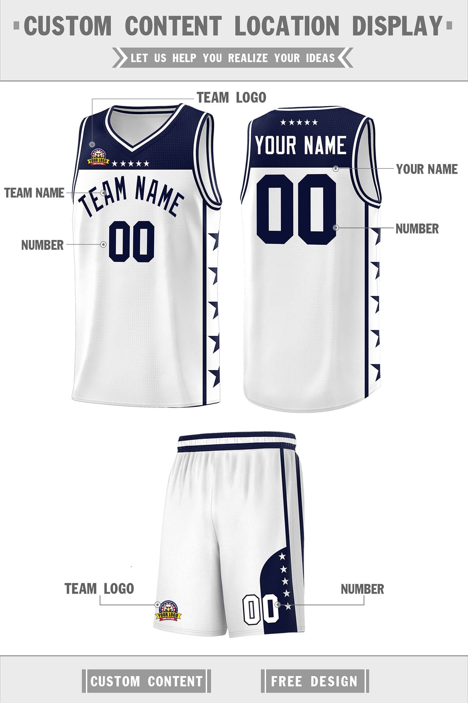 Custom White Navy Personalized Star Pattern Sports Uniform Basketball Jersey
