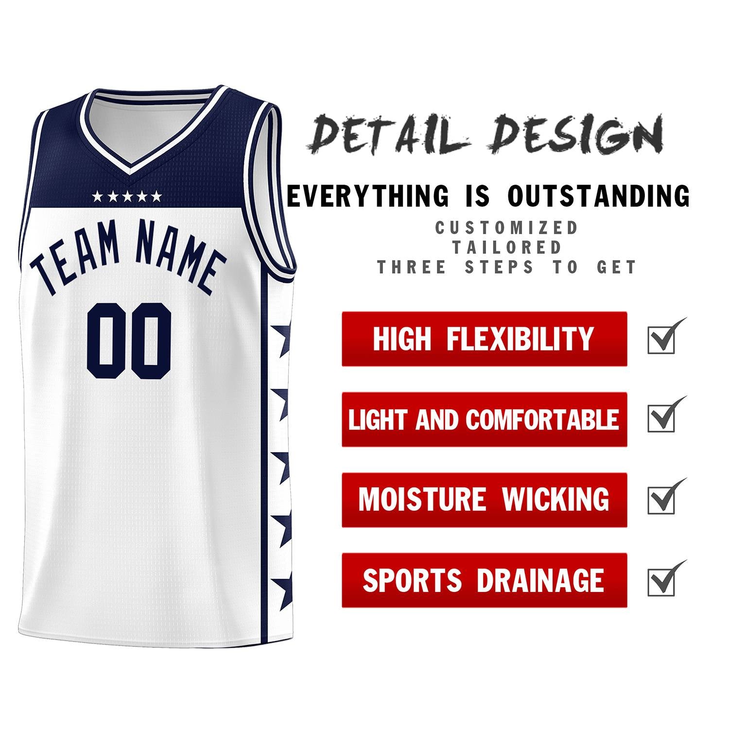 Custom White Navy Personalized Star Pattern Sports Uniform Basketball Jersey