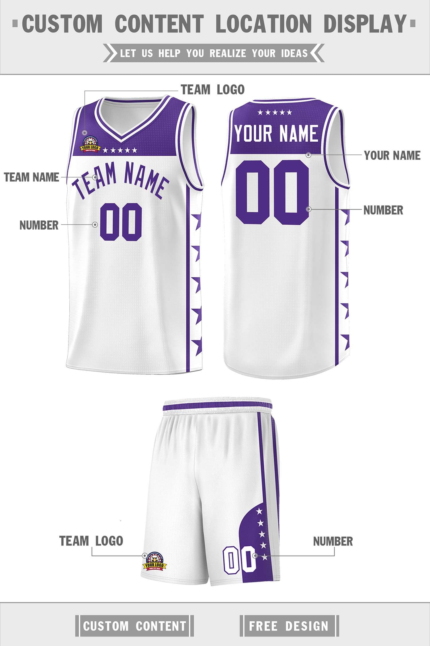 Custom White Purple Personalized Star Pattern Sports Uniform Basketball Jersey