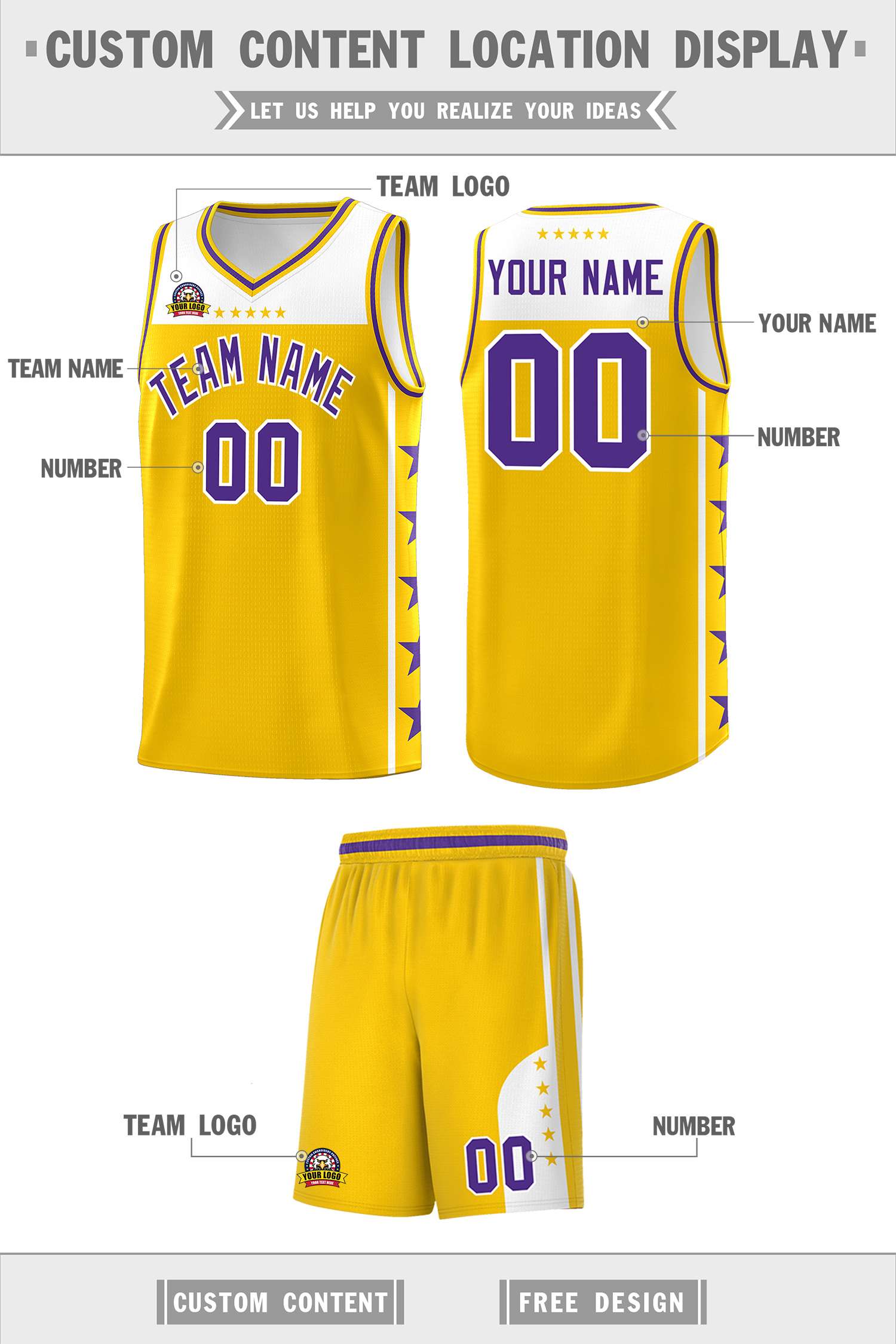 Custom Gold Purple Personalized Star Pattern Sports Uniform Basketball Jersey