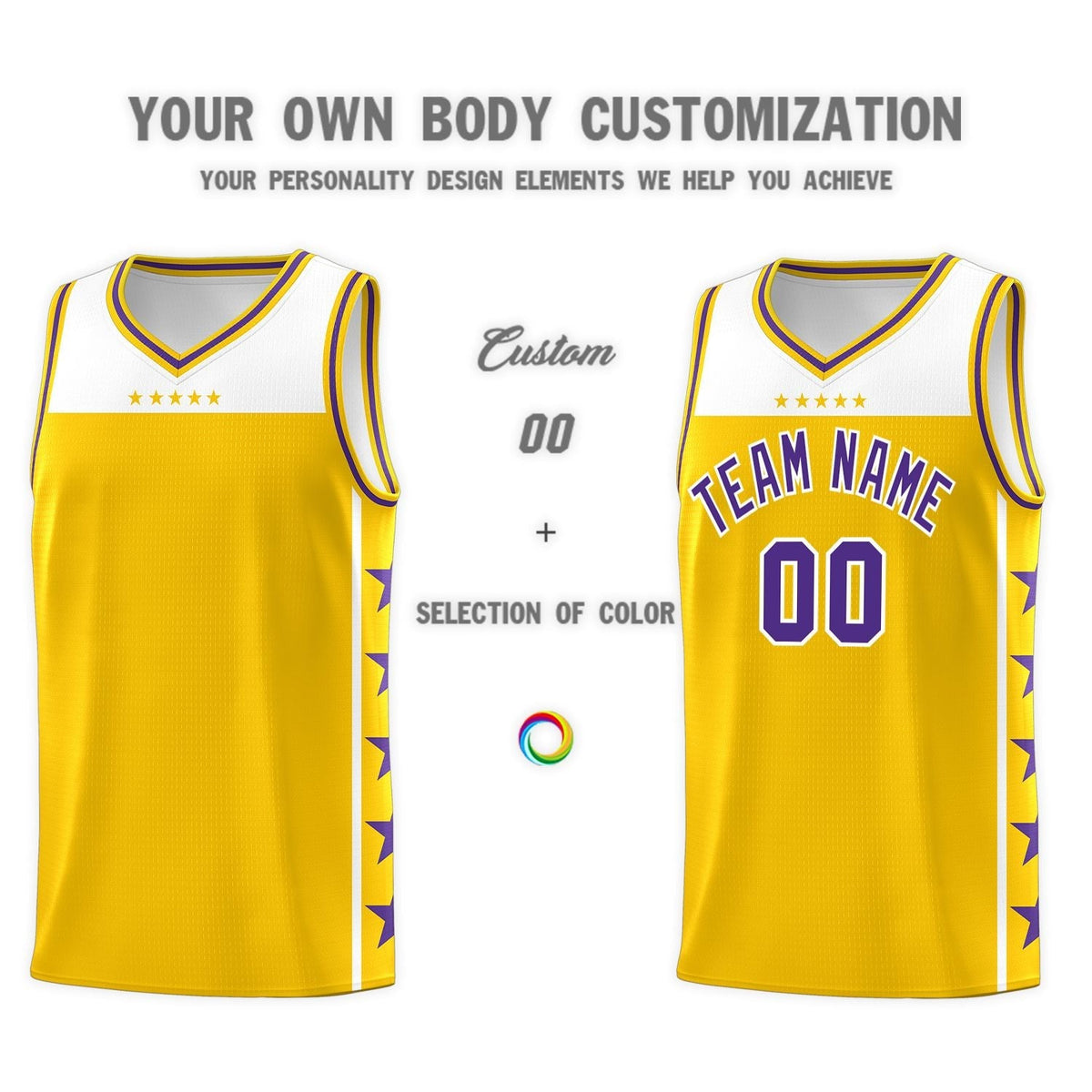 Custom Gold Purple Personalized Star Pattern Sports Uniform Basketball Jersey