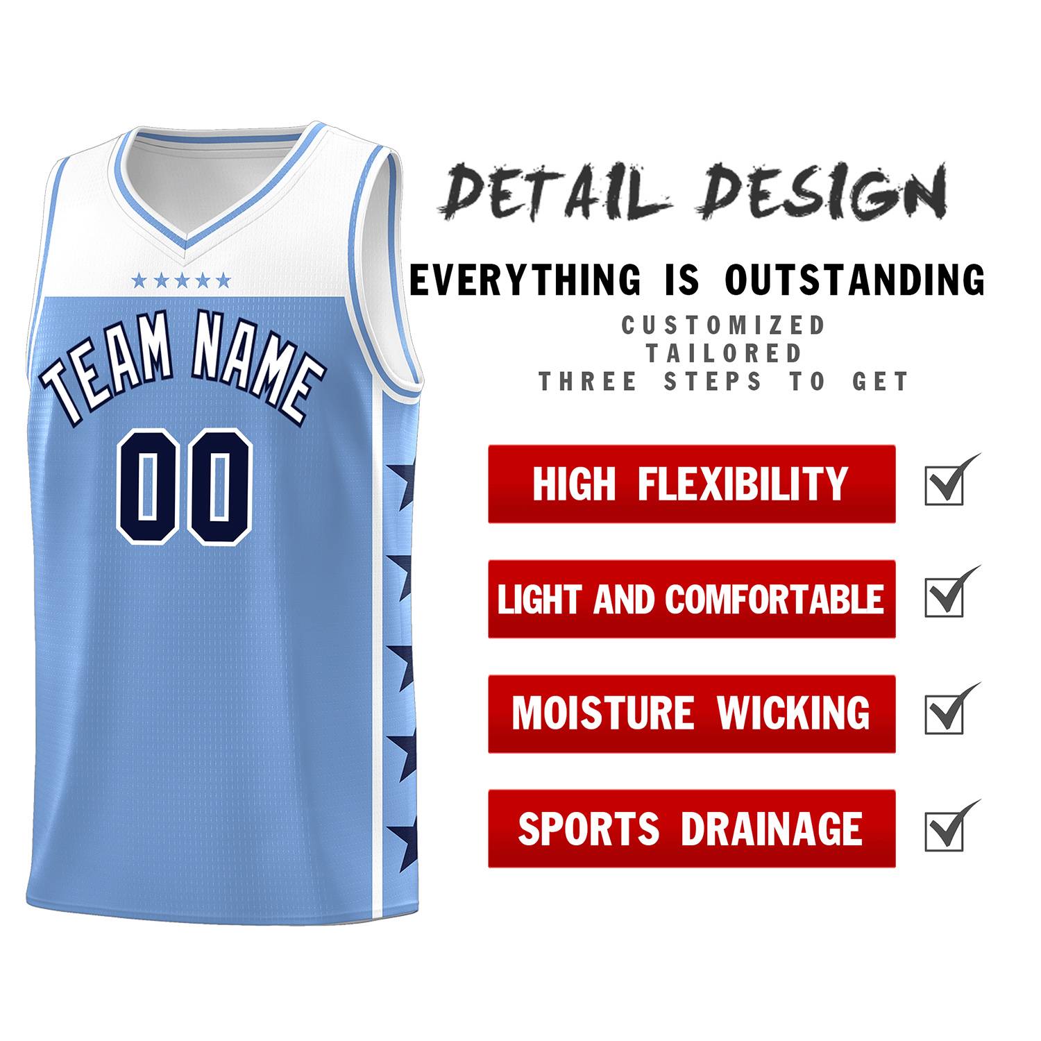 Custom Light Blue White Personalized Star Pattern Sports Uniform Basketball Jersey