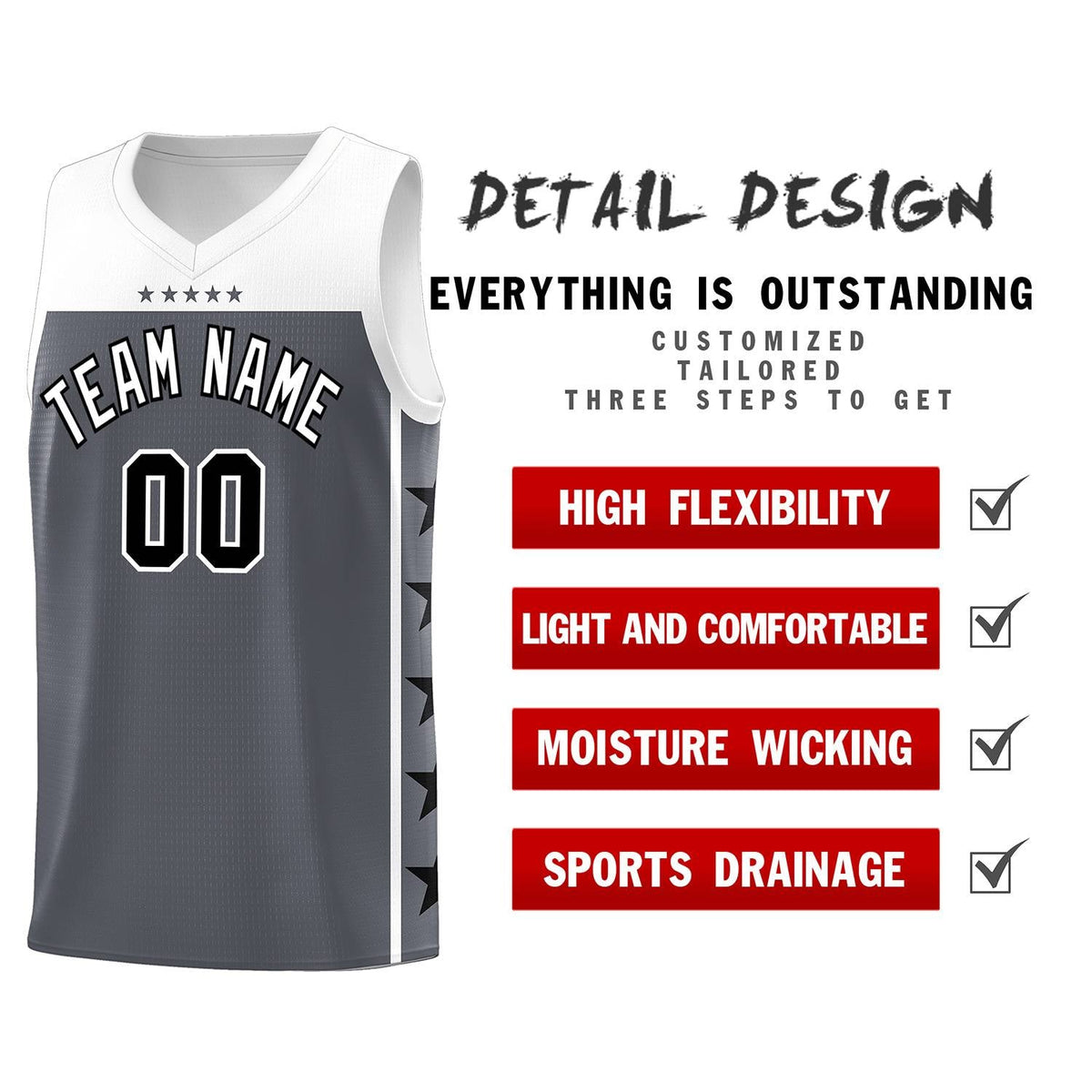 Custom Dark Gray White Personalized Star Pattern Sports Uniform Basketball Jersey