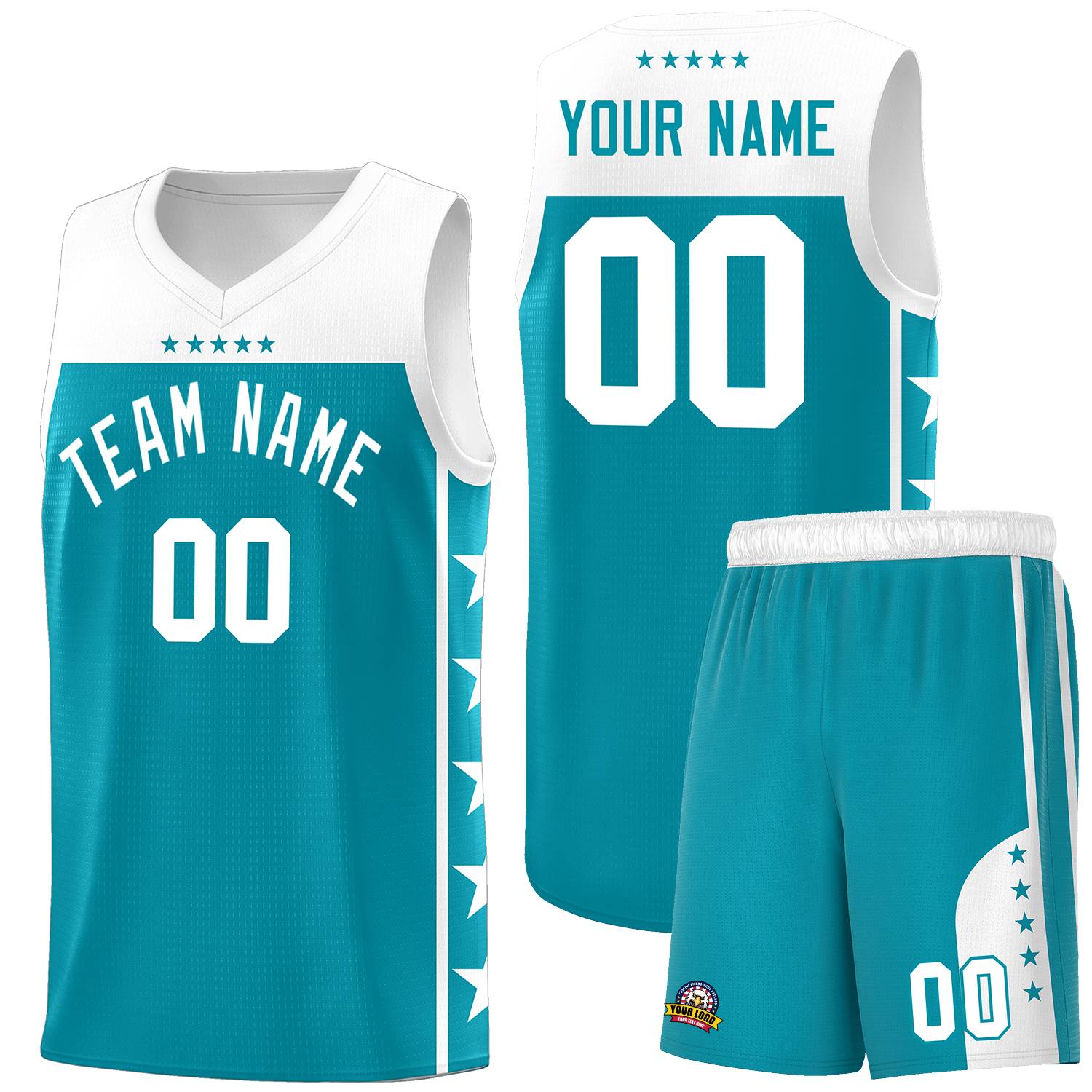 Custom Aqua White Personalized Star Pattern Sports Uniform Basketball Jersey