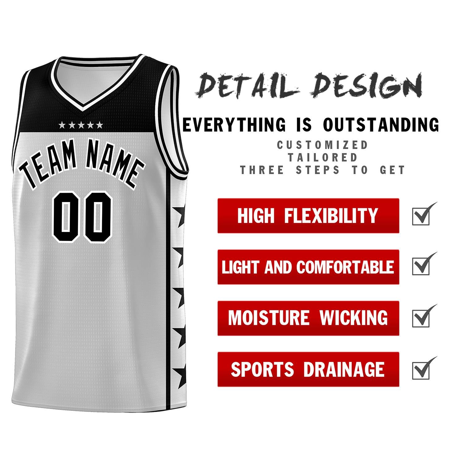 Custom Gray Black Personalized Star Pattern Sports Uniform Basketball Jersey