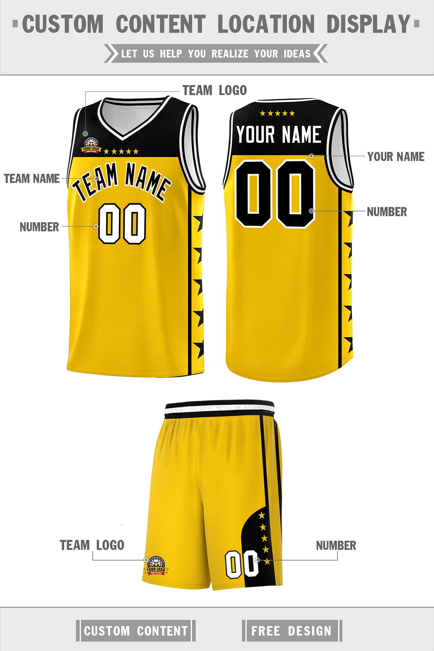 Custom Gold Black Personalized Star Pattern Sports Uniform Basketball Jersey