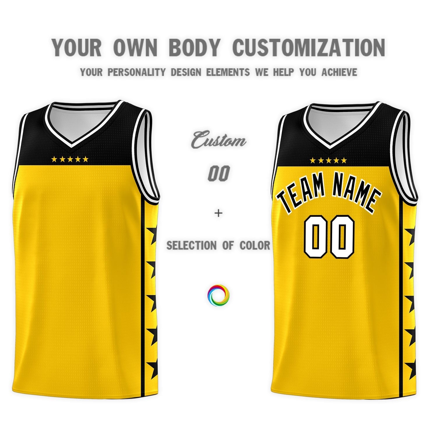 Custom Gold Black Personalized Star Pattern Sports Uniform Basketball Jersey