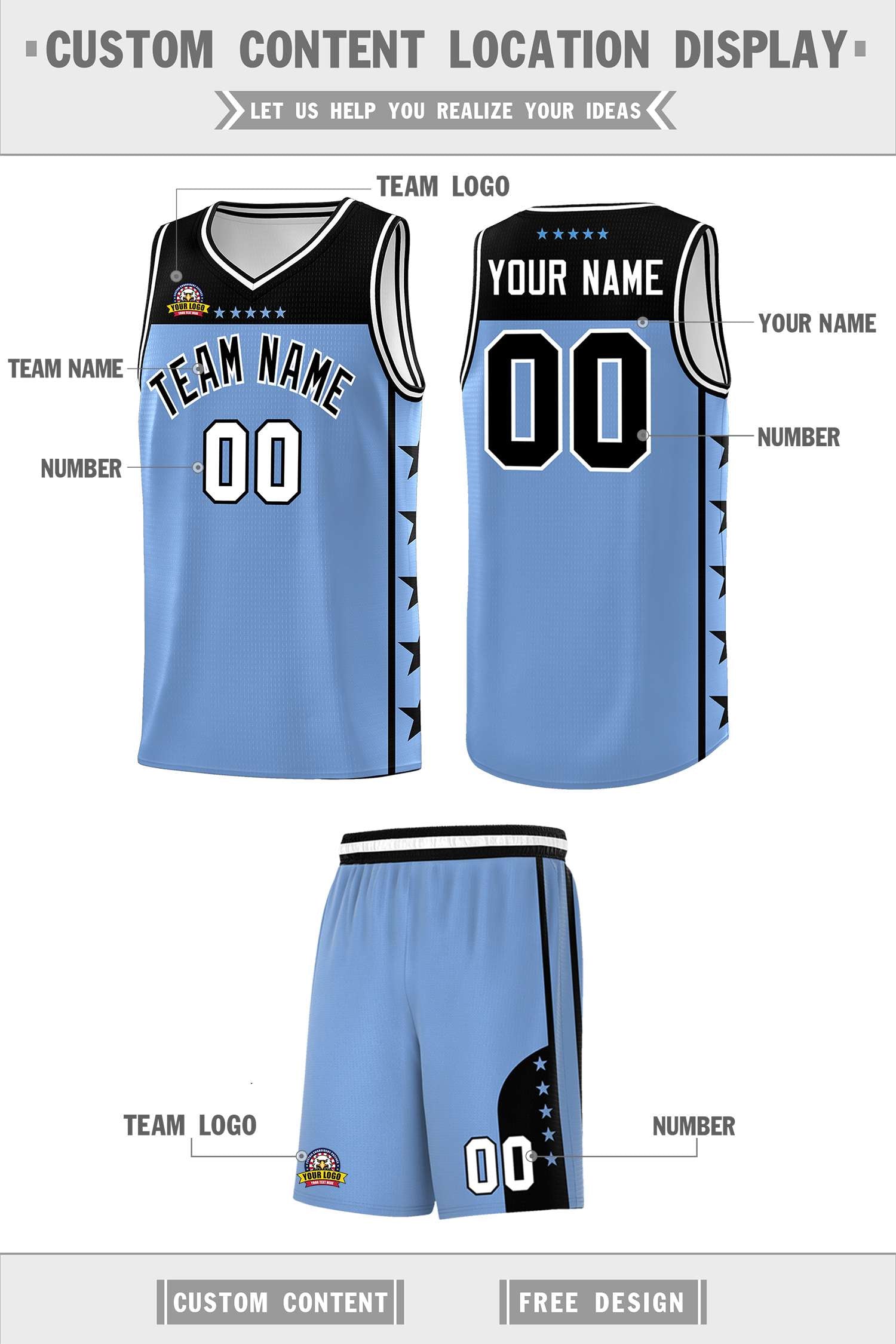 Custom Light Blue Black Personalized Star Pattern Sports Uniform Basketball Jersey