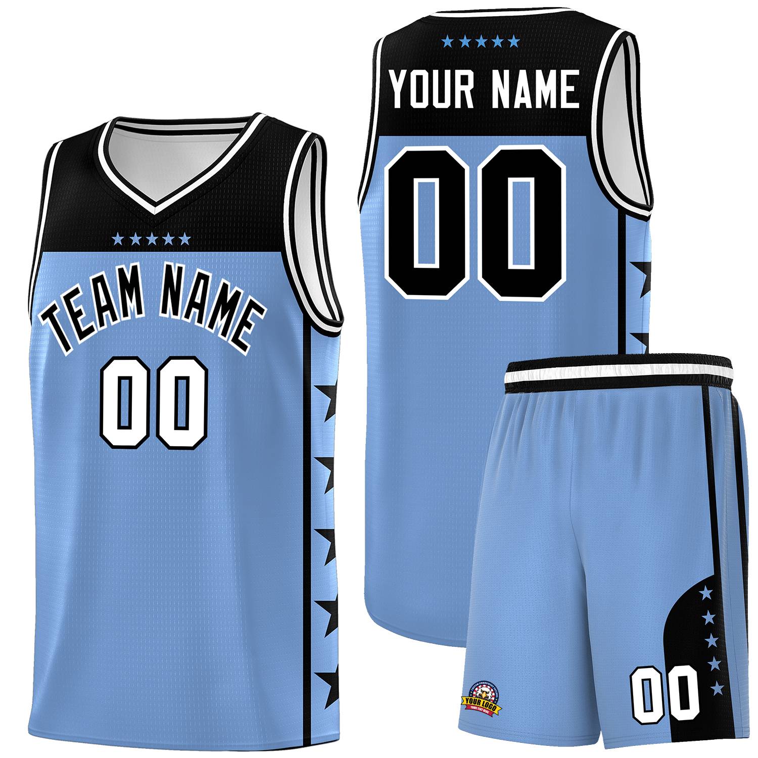 Custom Light Blue Black Personalized Star Pattern Sports Uniform Basketball Jersey