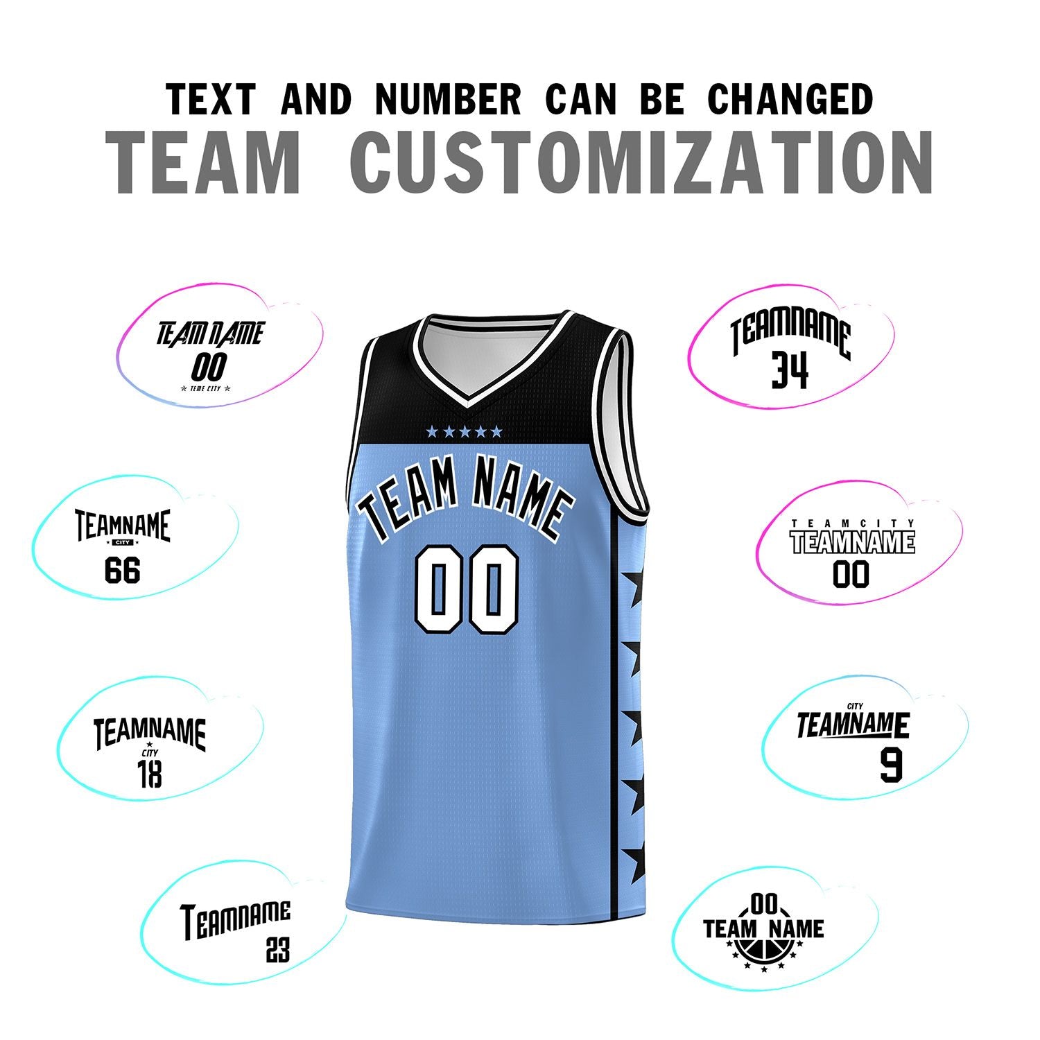 Custom Light Blue Black Personalized Star Pattern Sports Uniform Basketball Jersey