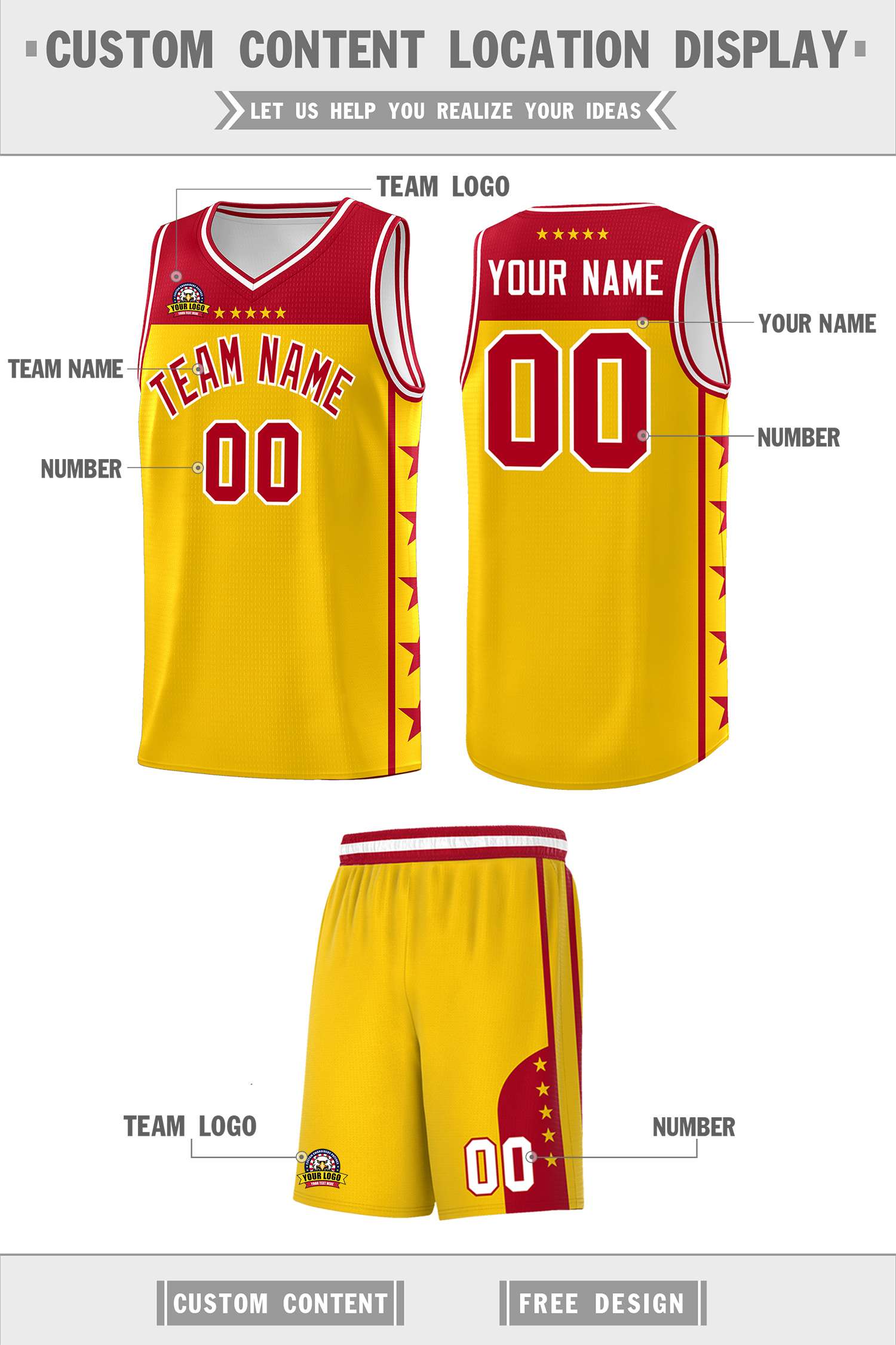 Custom Gold Red Personalized Star Pattern Sports Uniform Basketball Jersey
