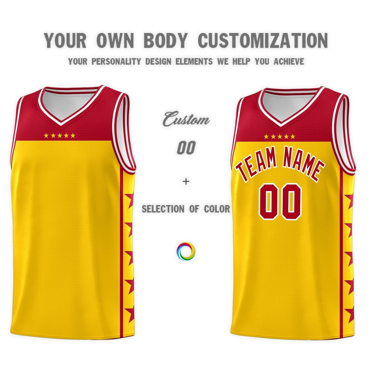 Custom Gold Red Personalized Star Pattern Sports Uniform Basketball Jersey