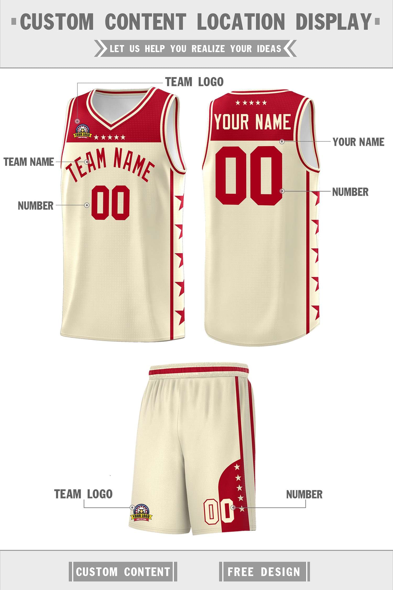 Custom Cream Red Personalized Star Pattern Sports Uniform Basketball Jersey