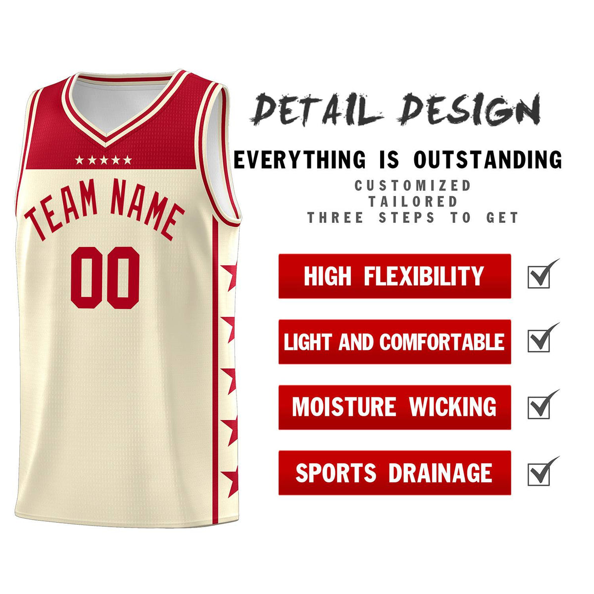 Custom Cream Red Personalized Star Pattern Sports Uniform Basketball Jersey