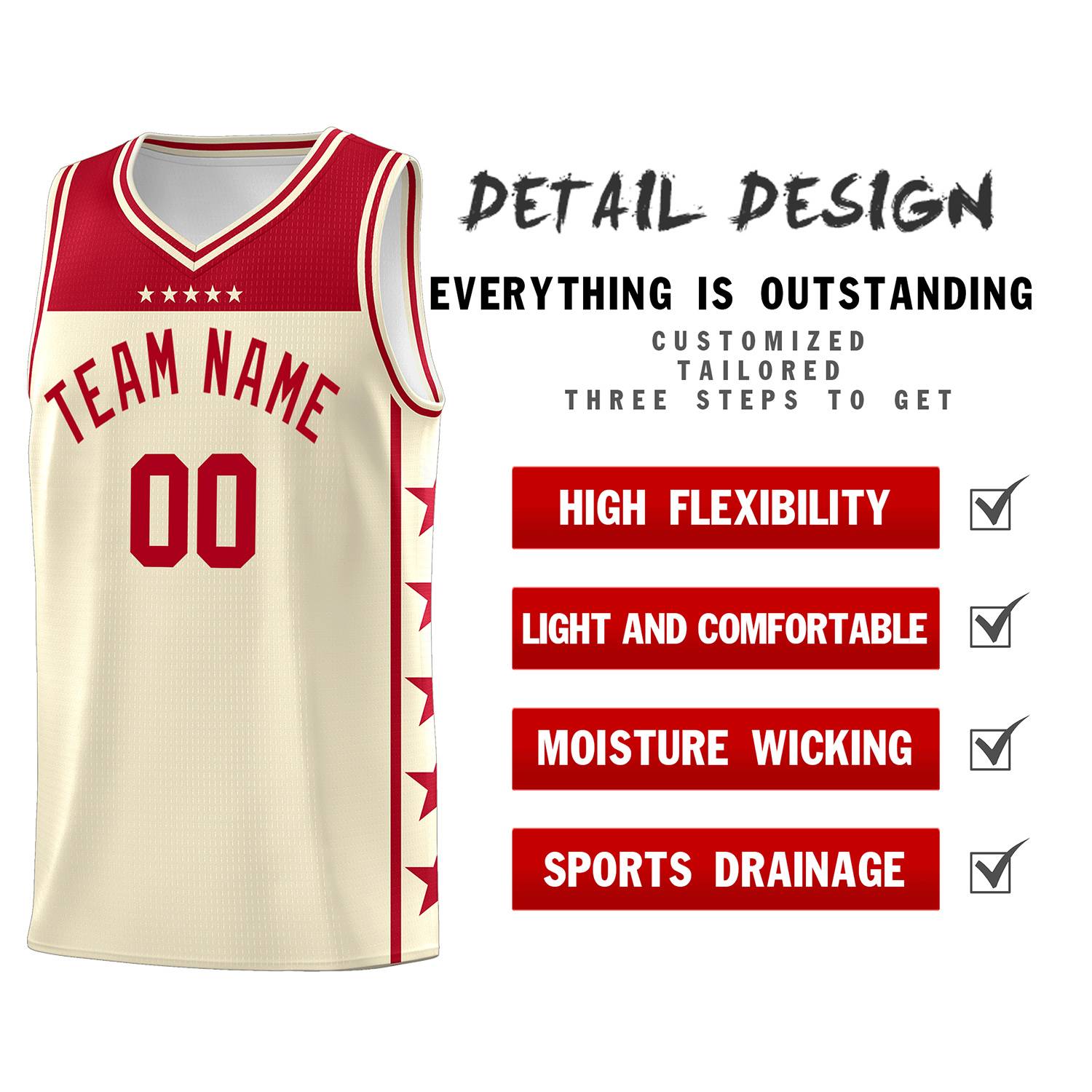 Custom Cream Red Personalized Star Pattern Sports Uniform Basketball Jersey