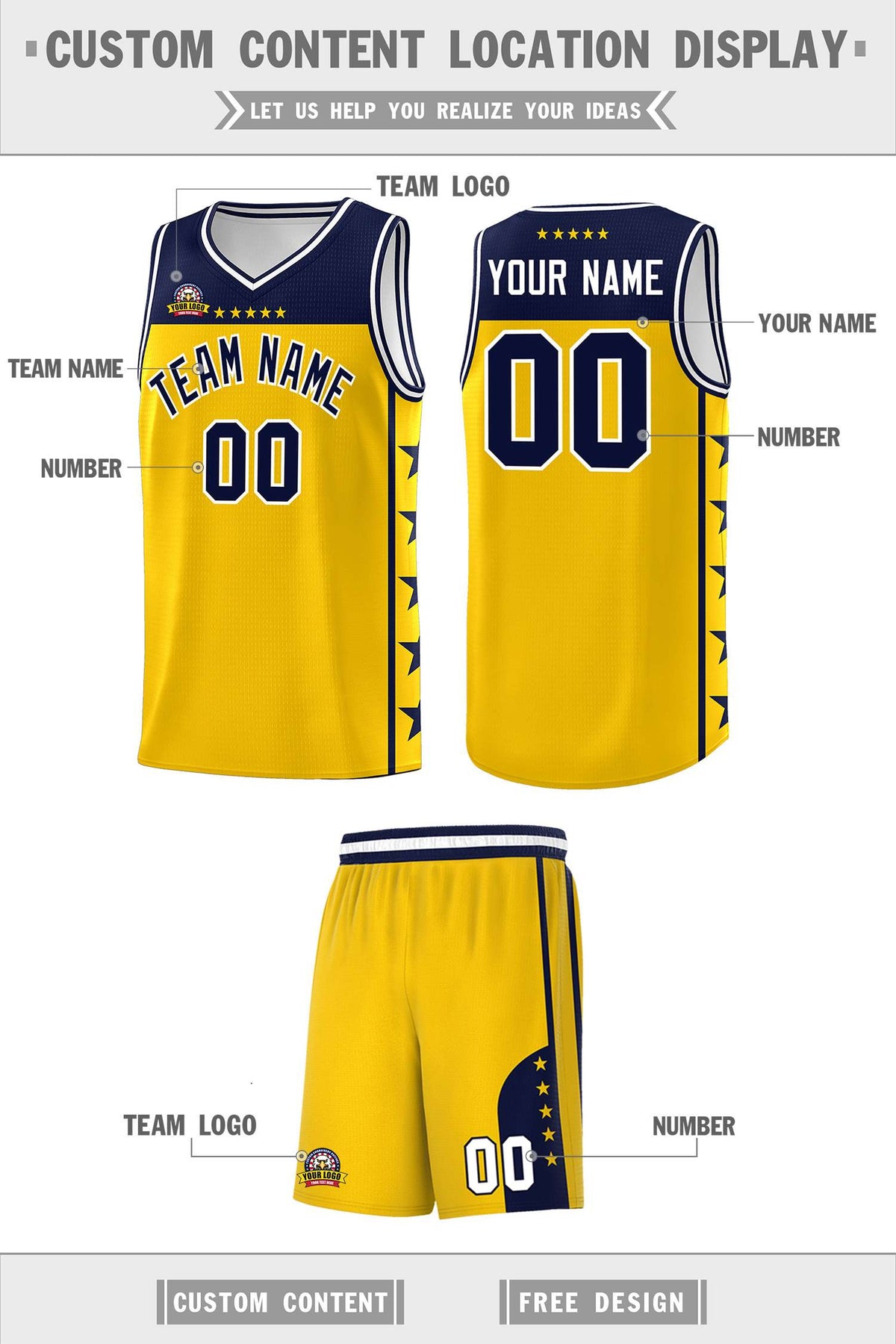 Custom Gold Navy Personalized Star Pattern Sports Uniform Basketball Jersey