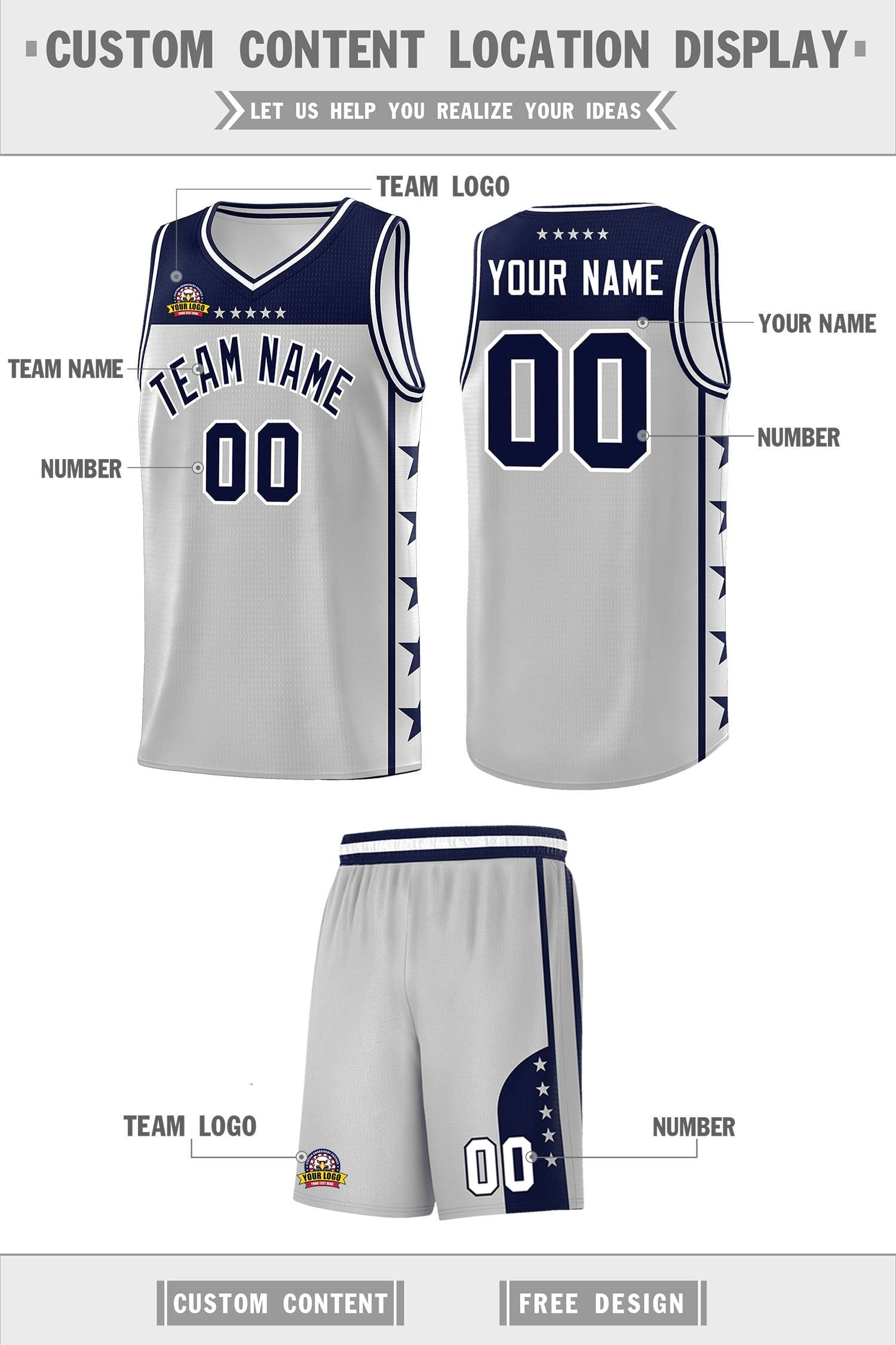 Custom Gray Navy Personalized Star Pattern Sports Uniform Basketball Jersey