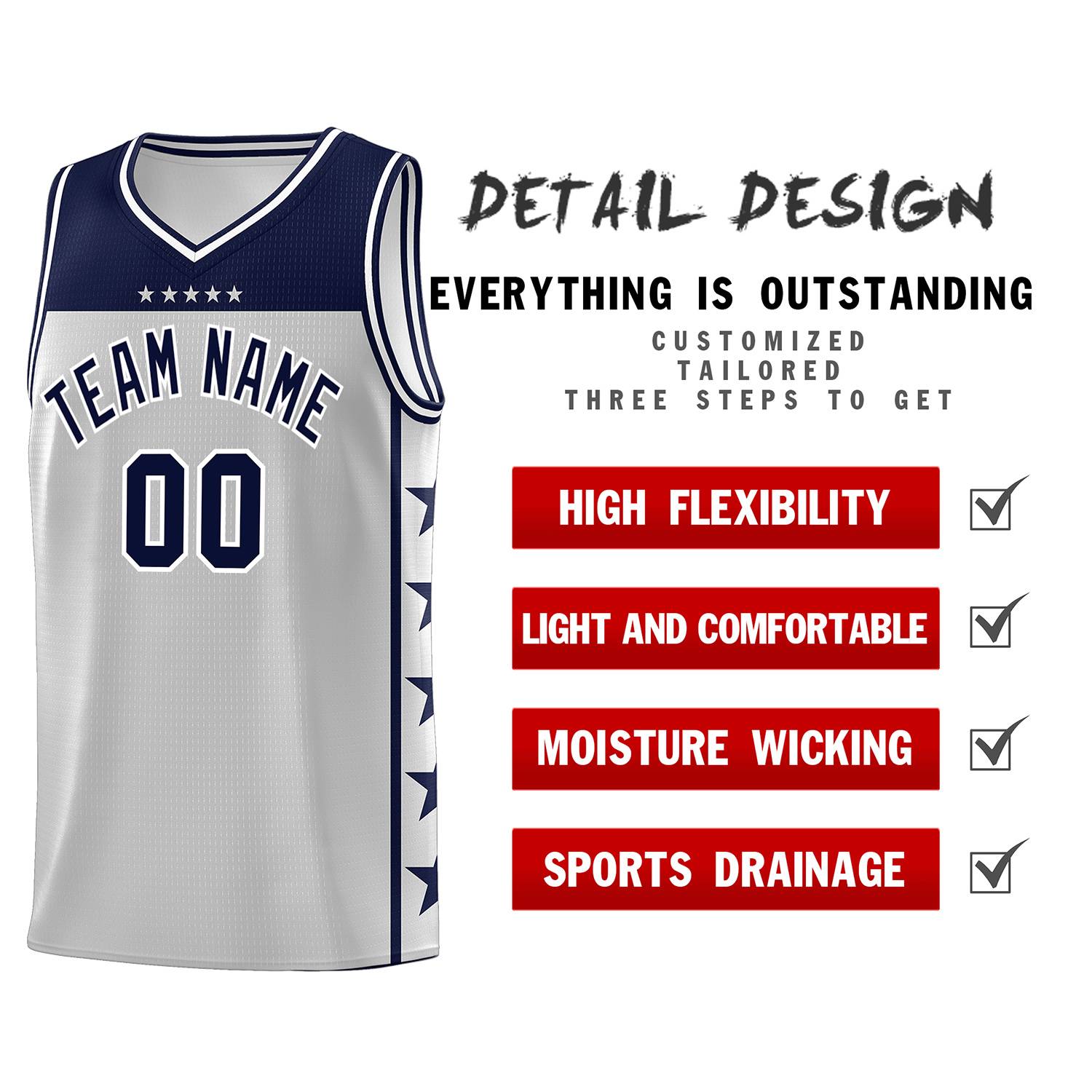 Custom Gray Navy Personalized Star Pattern Sports Uniform Basketball Jersey