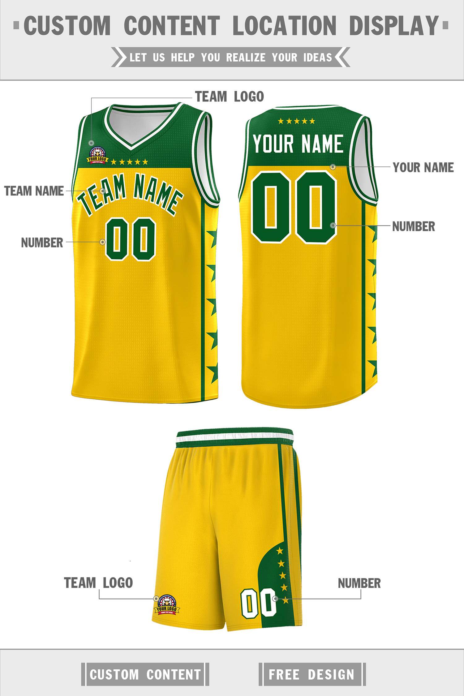Custom Gold Kelly Green Personalized Star Pattern Sports Uniform Basketball Jersey