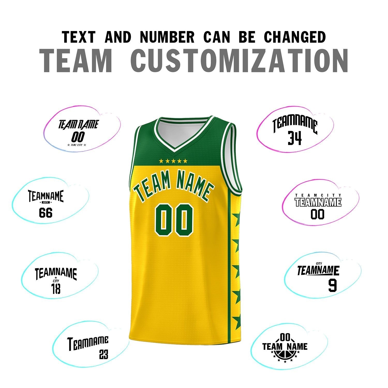 Custom Gold Kelly Green Personalized Star Pattern Sports Uniform Basketball Jersey