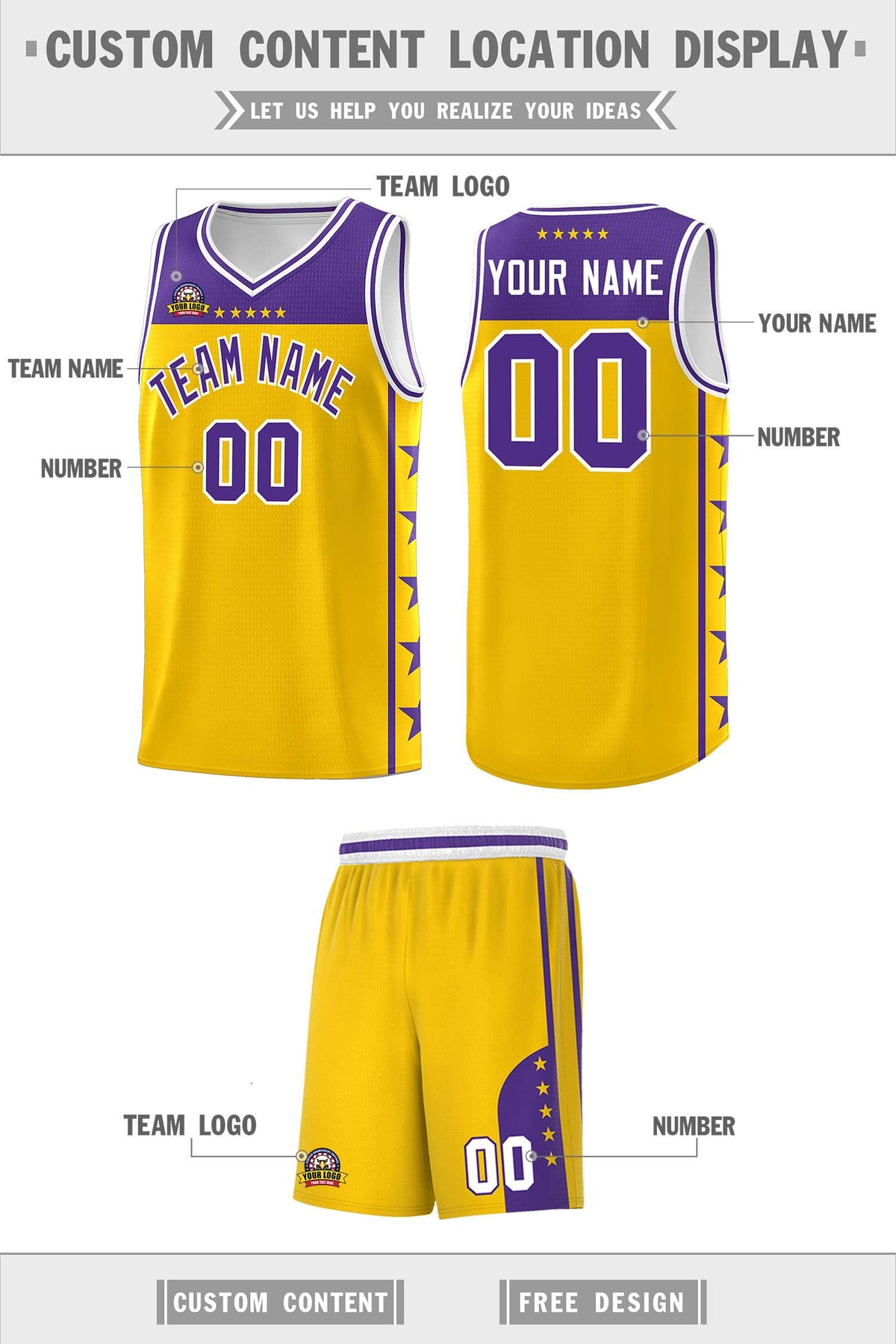 Custom Gold Purple Personalized Star Pattern Sports Uniform Basketball Jersey