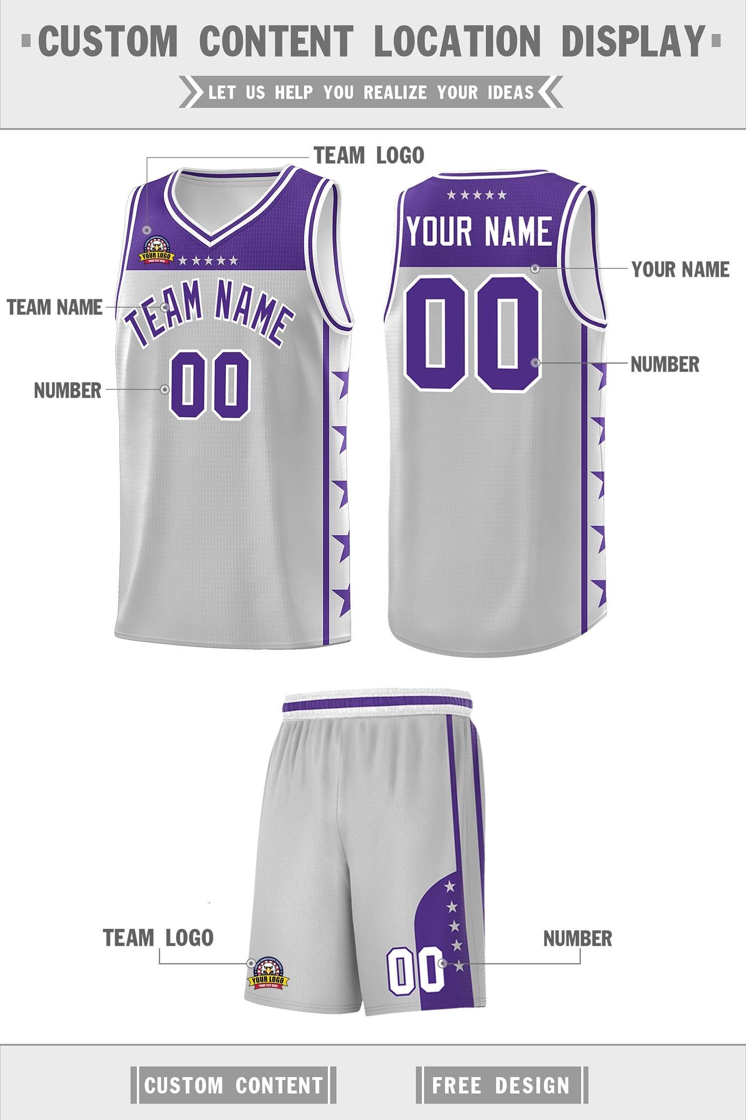 Custom Gray Purple Personalized Star Pattern Sports Uniform Basketball Jersey