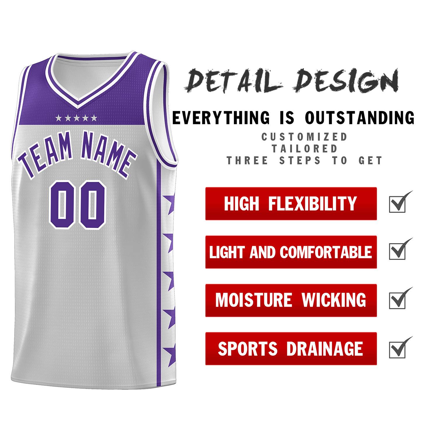 Custom Gray Purple Personalized Star Pattern Sports Uniform Basketball Jersey