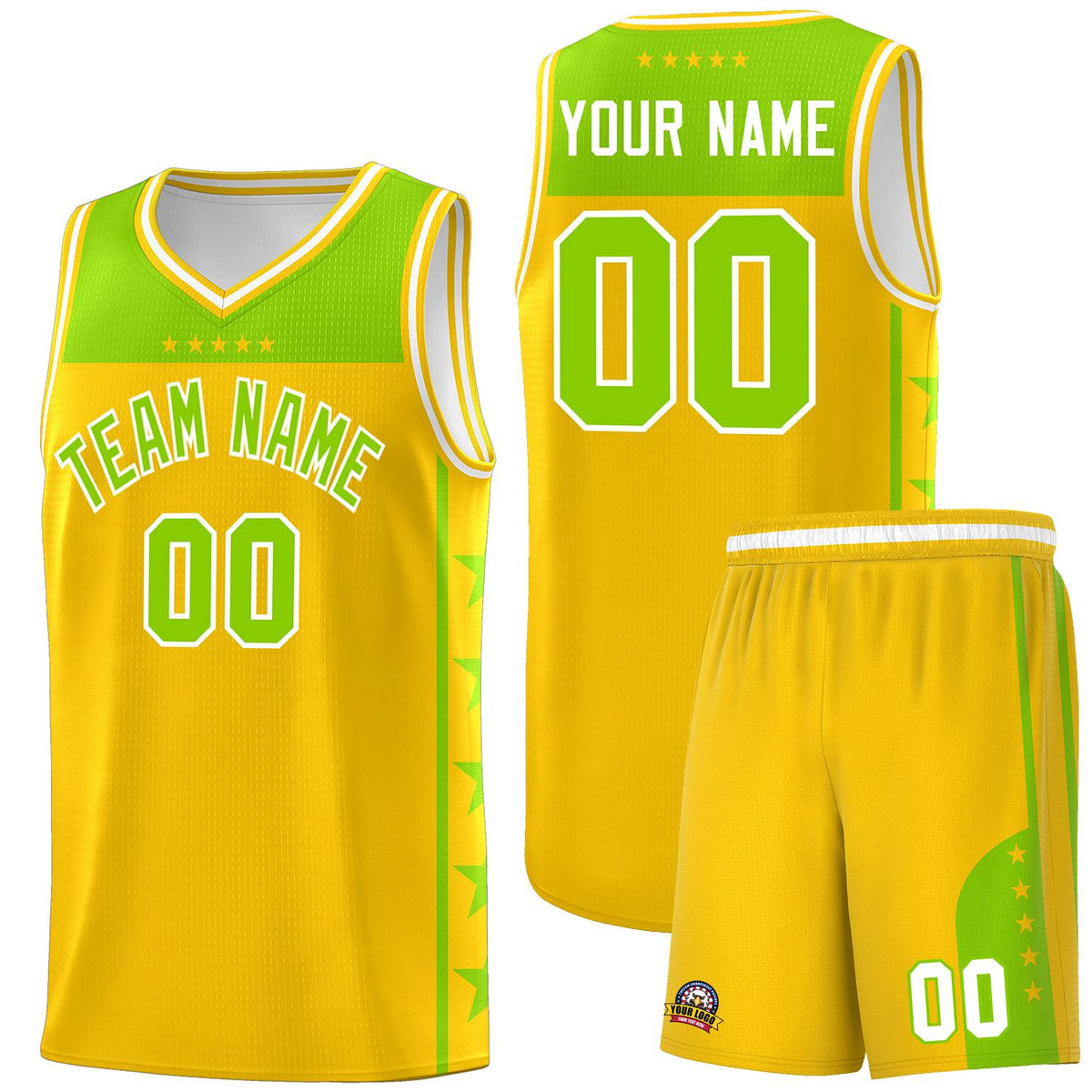 Custom Gold Neon Green Personalized Star Pattern Sports Uniform Basketball Jersey