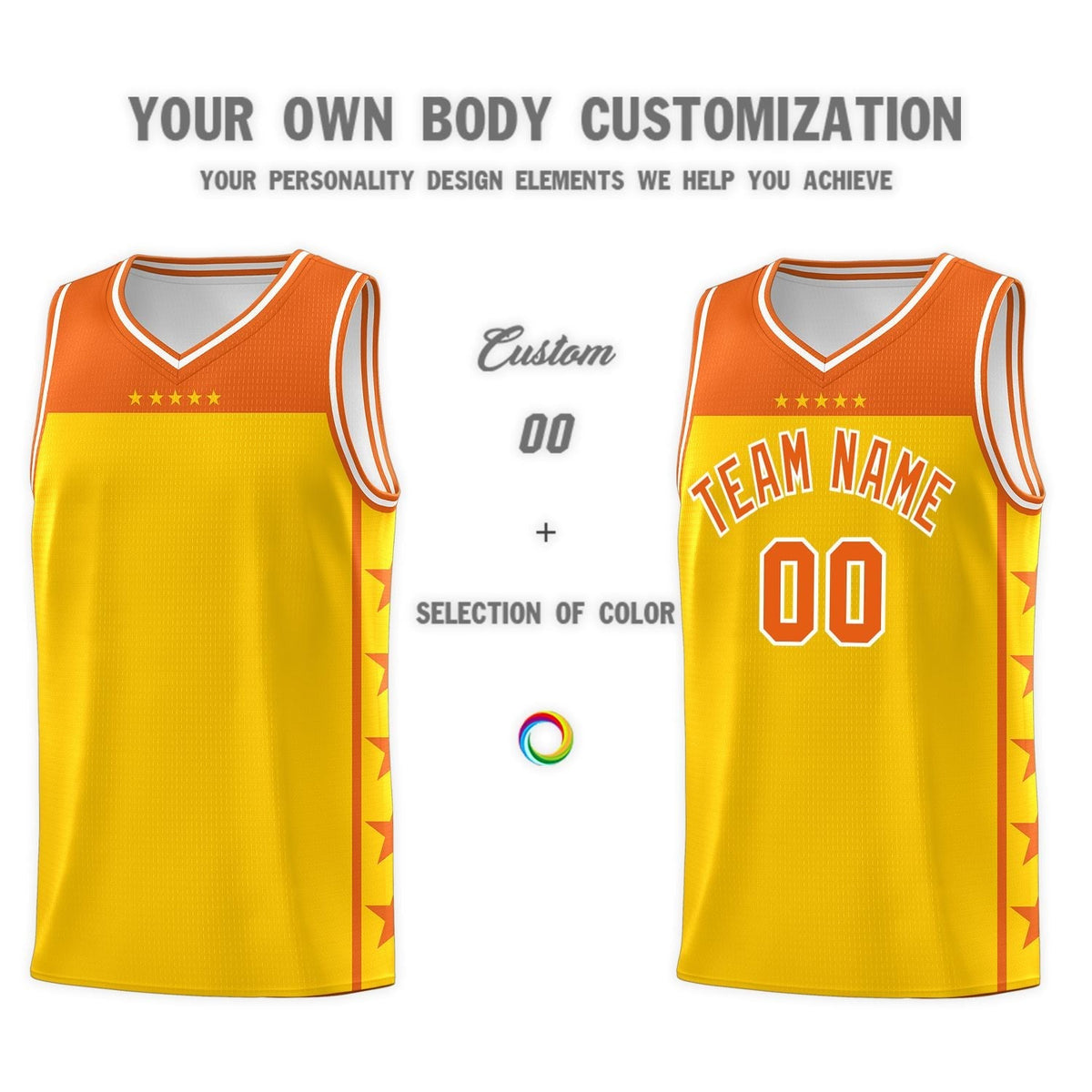 Custom Gold Orange Personalized Star Pattern Sports Uniform Basketball Jersey