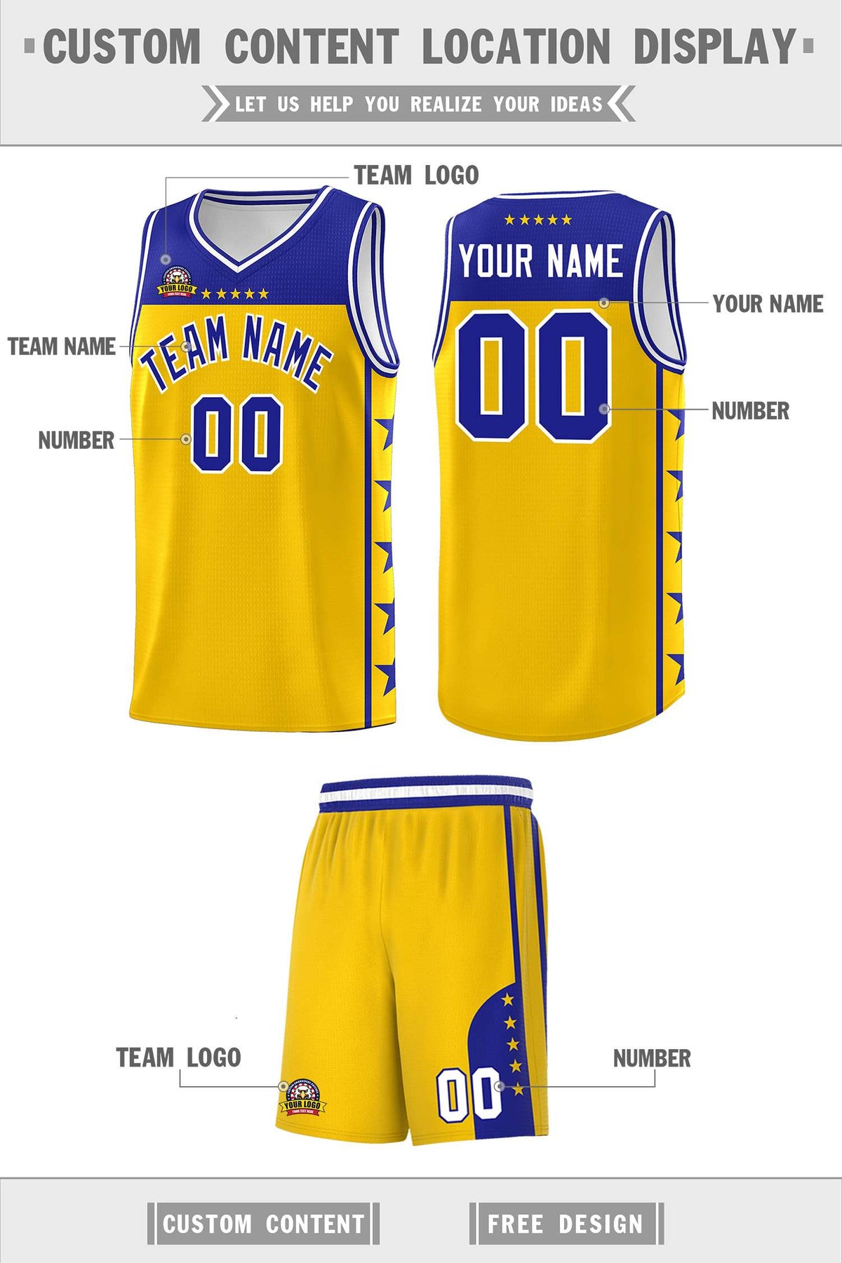 Custom Gold Royal Personalized Star Pattern Sports Uniform Basketball Jersey