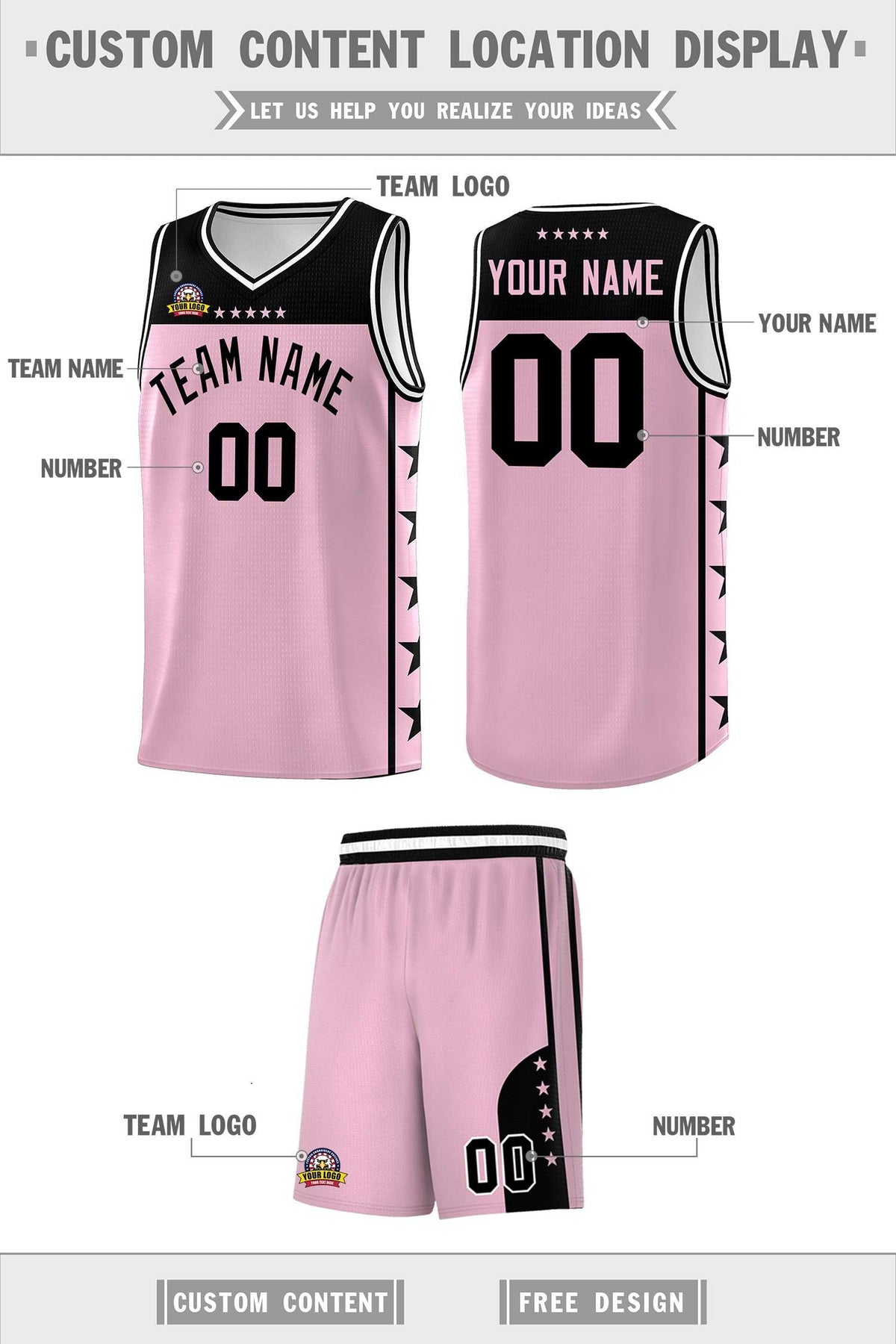 Custom Light Pink Black Personalized Star Pattern Sports Uniform Basketball Jersey