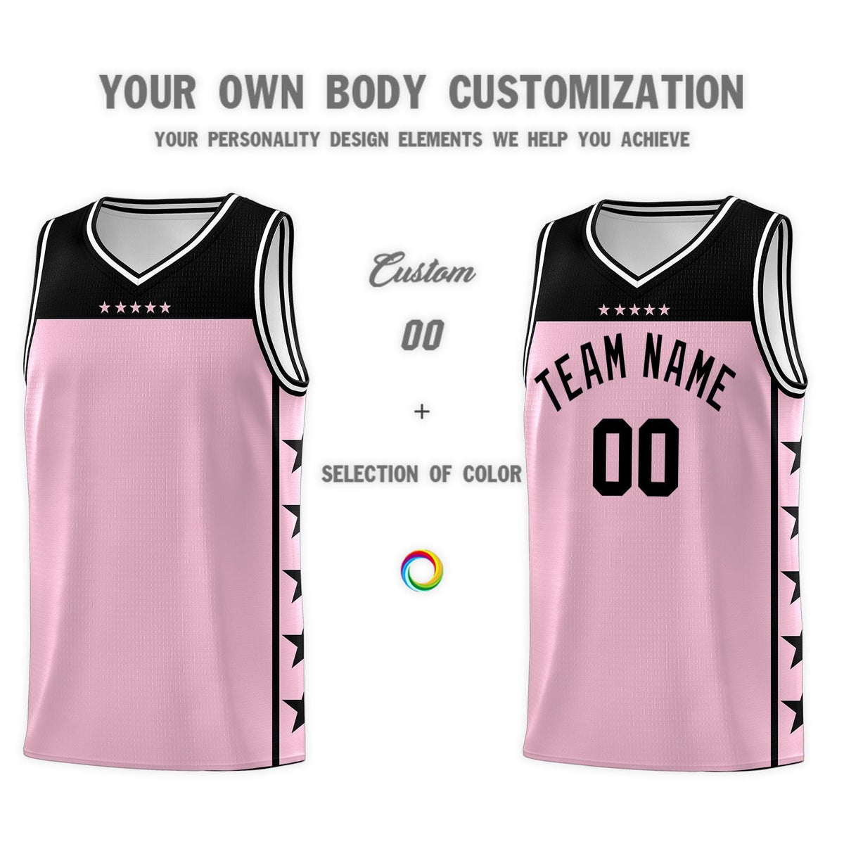 Custom Light Pink Black Personalized Star Pattern Sports Uniform Basketball Jersey