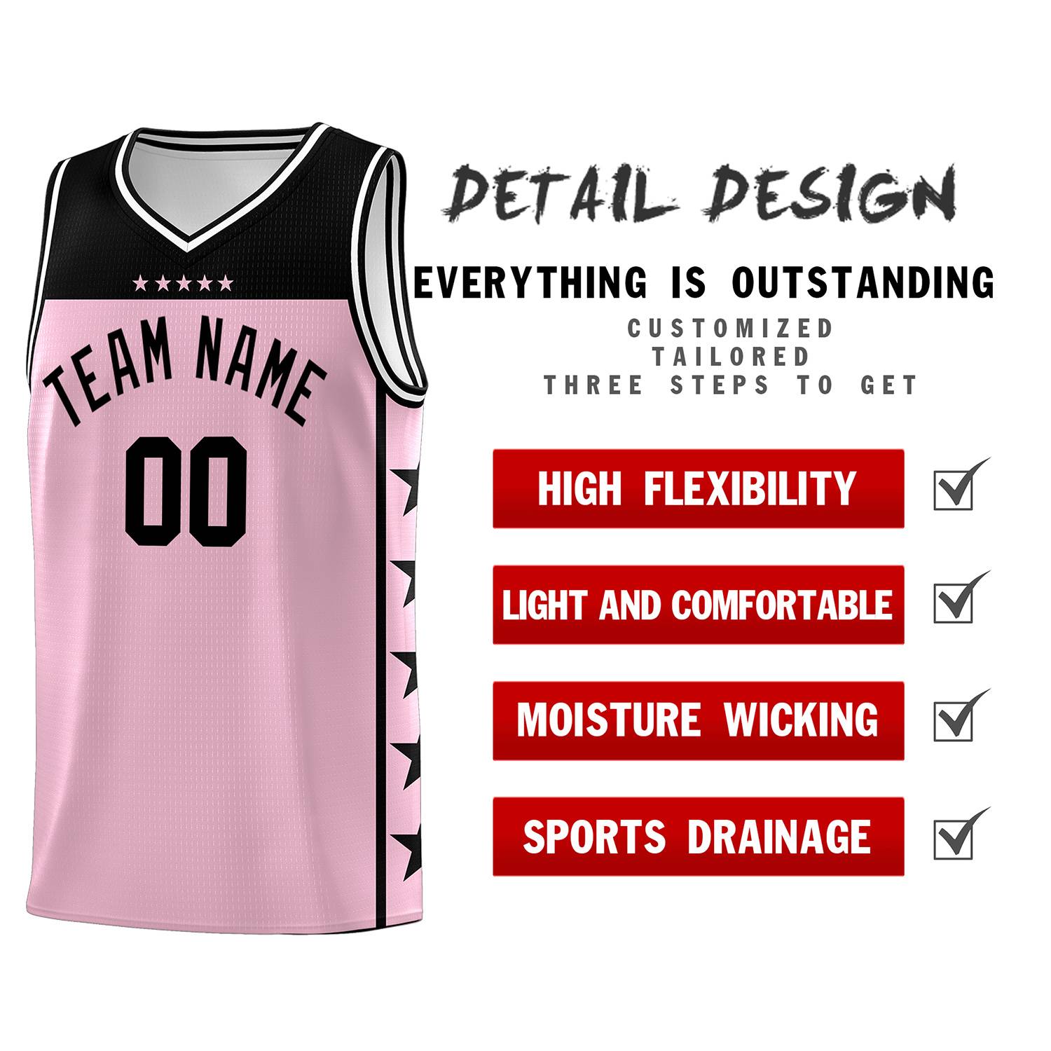 Custom Light Pink Black Personalized Star Pattern Sports Uniform Basketball Jersey