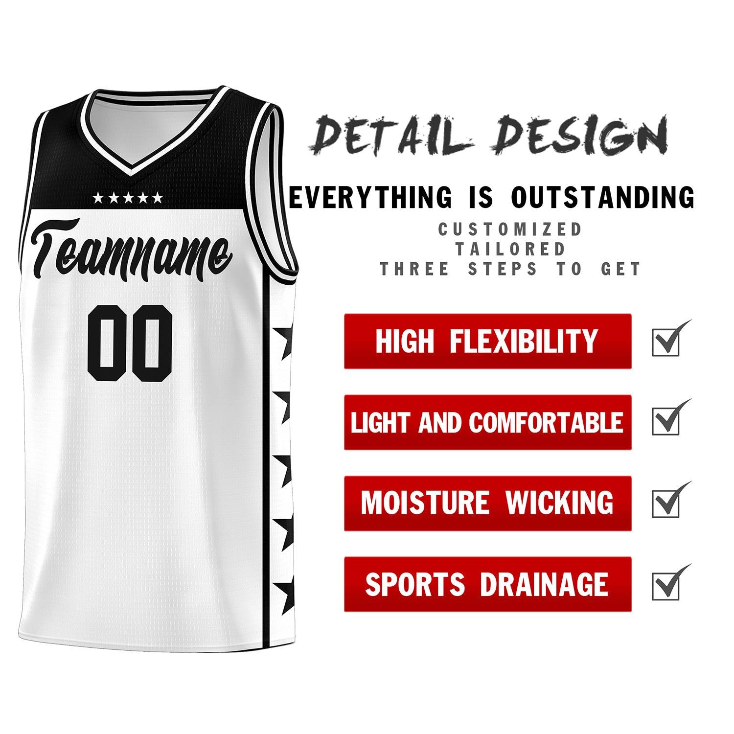 Custom White Black Personalized Star Pattern Sports Uniform Basketball Jersey