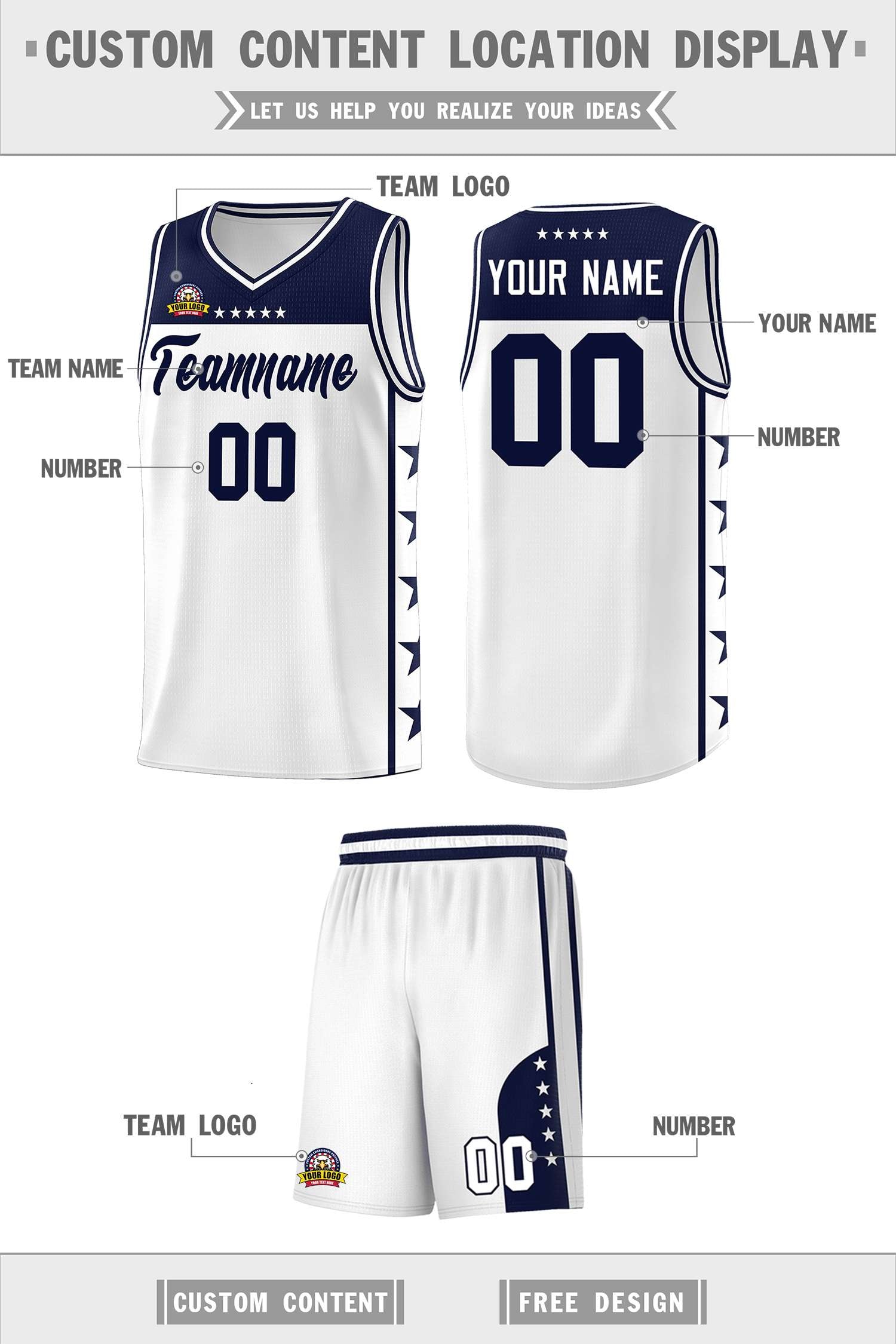 Custom White Navy Personalized Star Pattern Sports Uniform Basketball Jersey