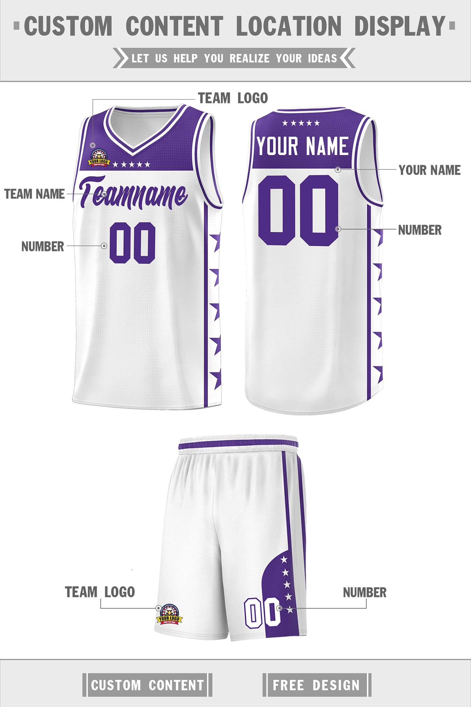 Custom White Purple Personalized Star Pattern Sports Uniform Basketball Jersey