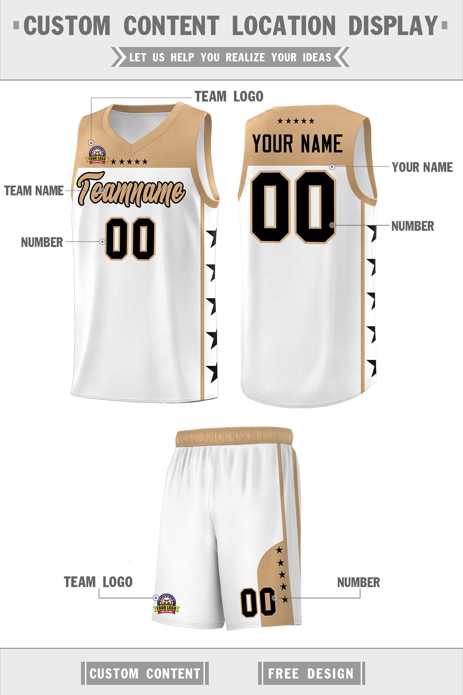 Custom White Old Gold Personalized Star Pattern Sports Uniform Basketball Jersey
