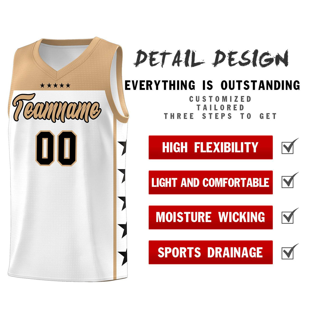 Custom White Old Gold Personalized Star Pattern Sports Uniform Basketball Jersey
