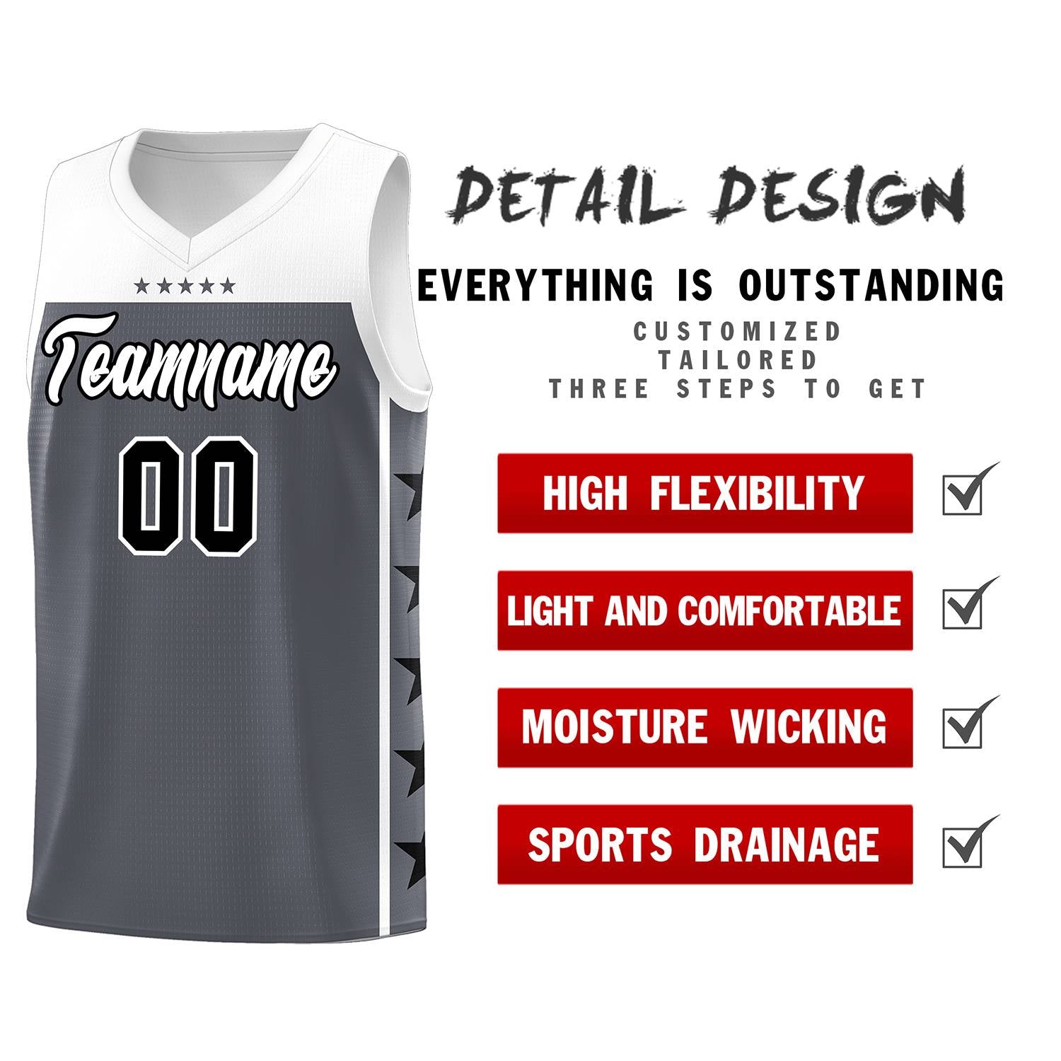 Custom Dark Gray White Personalized Star Pattern Sports Uniform Basketball Jersey