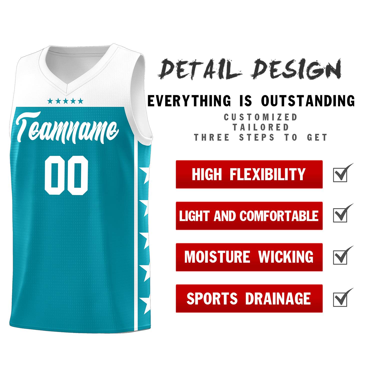 Custom Aqua White Personalized Star Pattern Sports Uniform Basketball Jersey