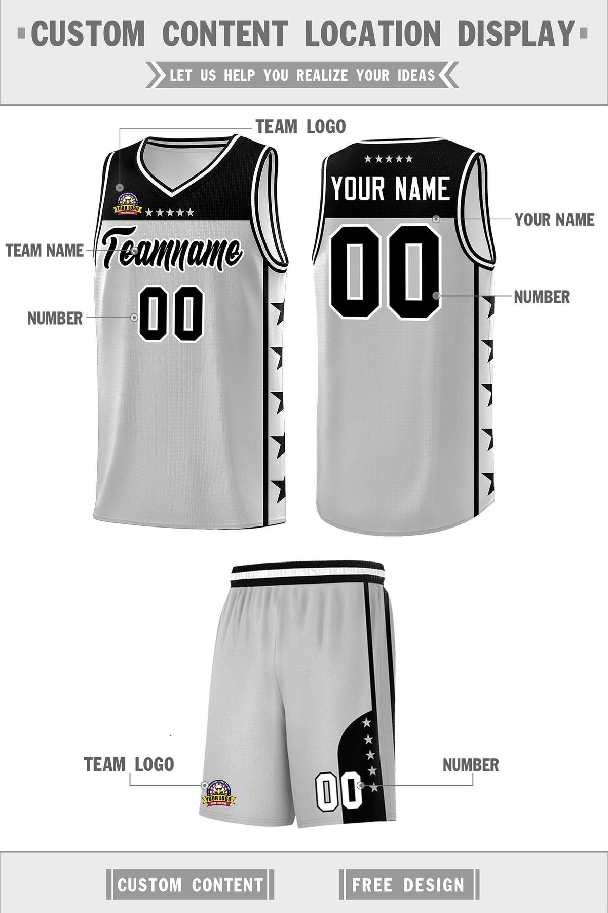 Custom Gray Black Personalized Star Pattern Sports Uniform Basketball Jersey